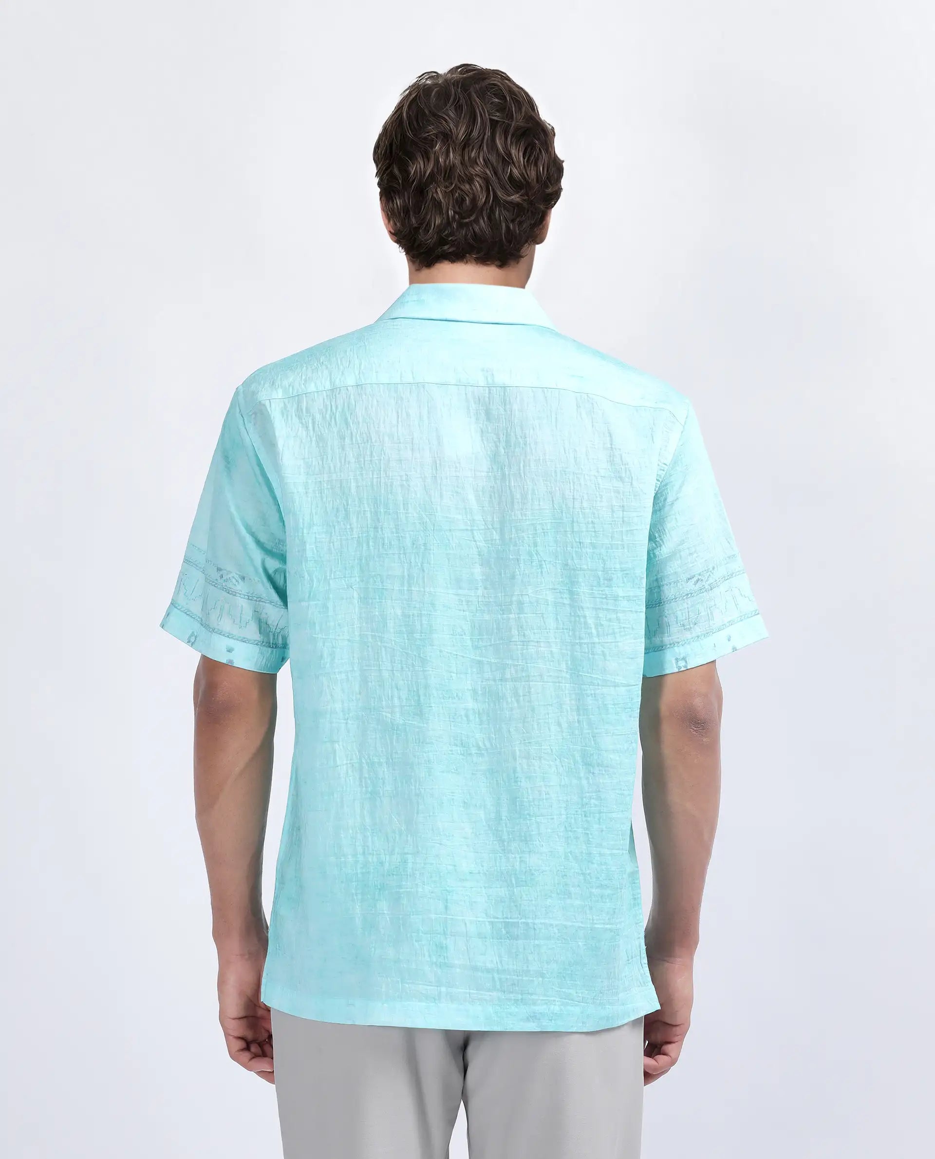 Rare Rabbit Men's Yusi Blue Viscose Jacquard Boxy Fit Half Sleeve Cuban Collar Shirt