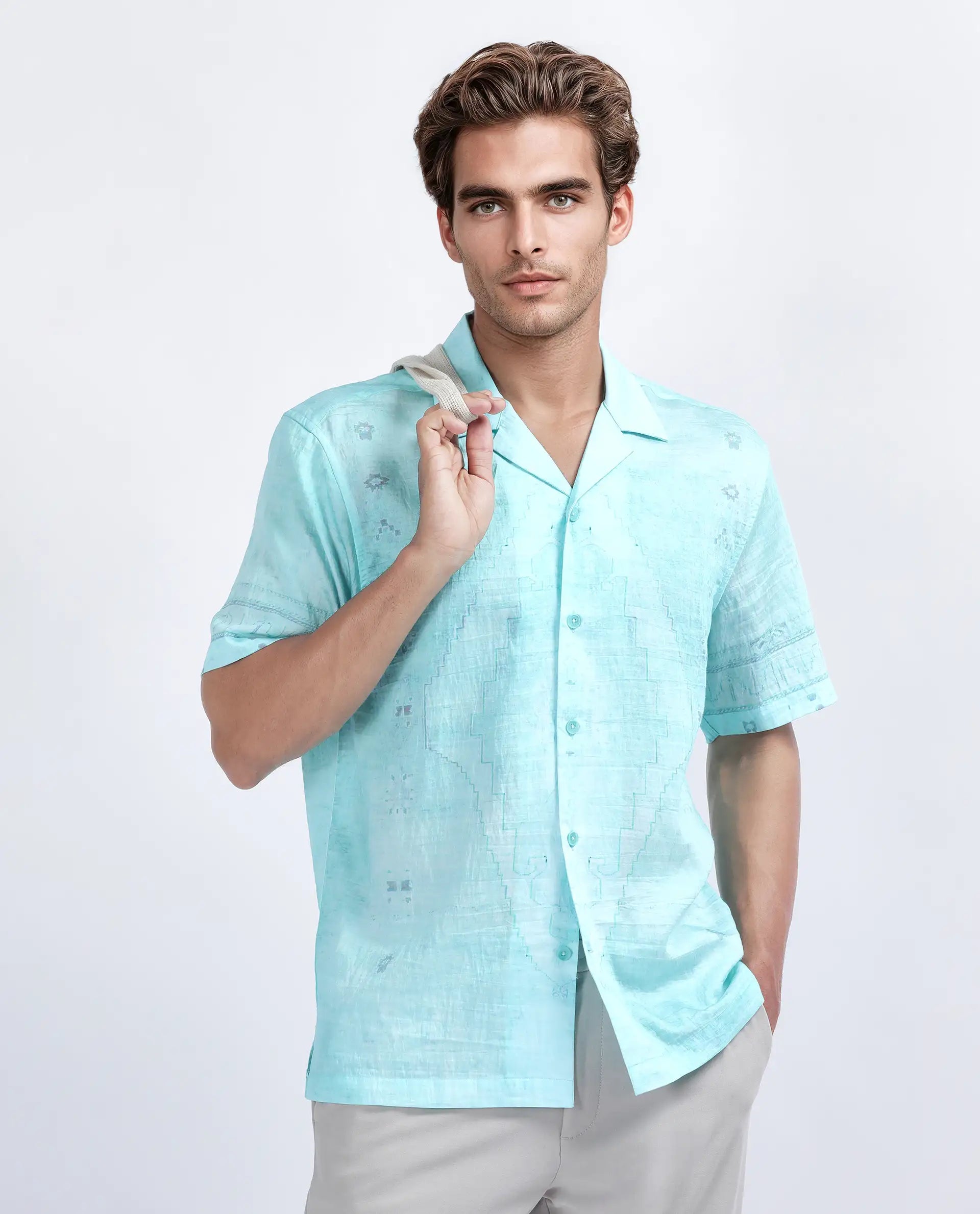 Rare Rabbit Men's Yusi Blue Viscose Jacquard Boxy Fit Half Sleeve Cuban Collar Shirt