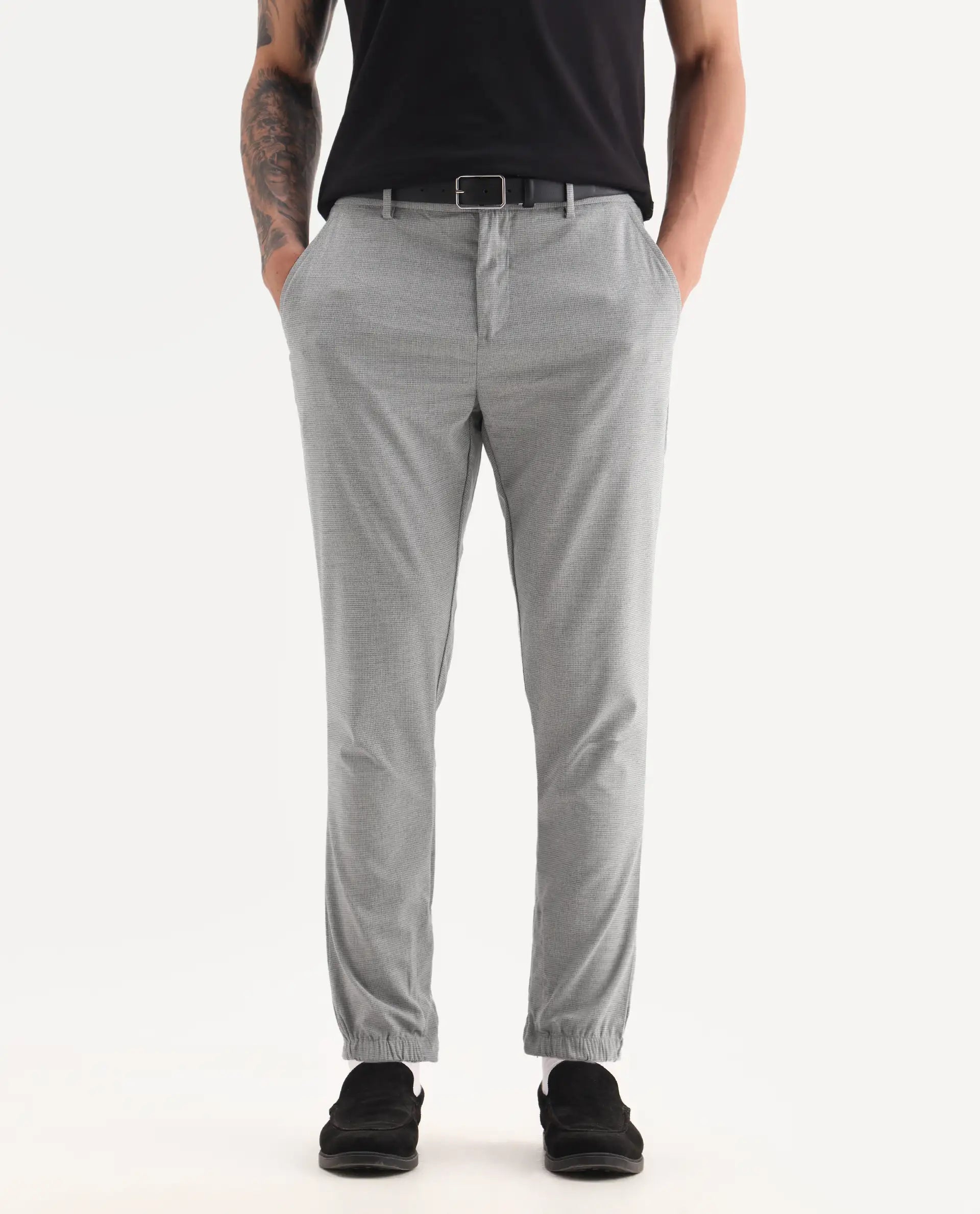 Rare Rabbit Men's Guild Casual Zader Grey Polyester Checked Print Regular Fit Trouser