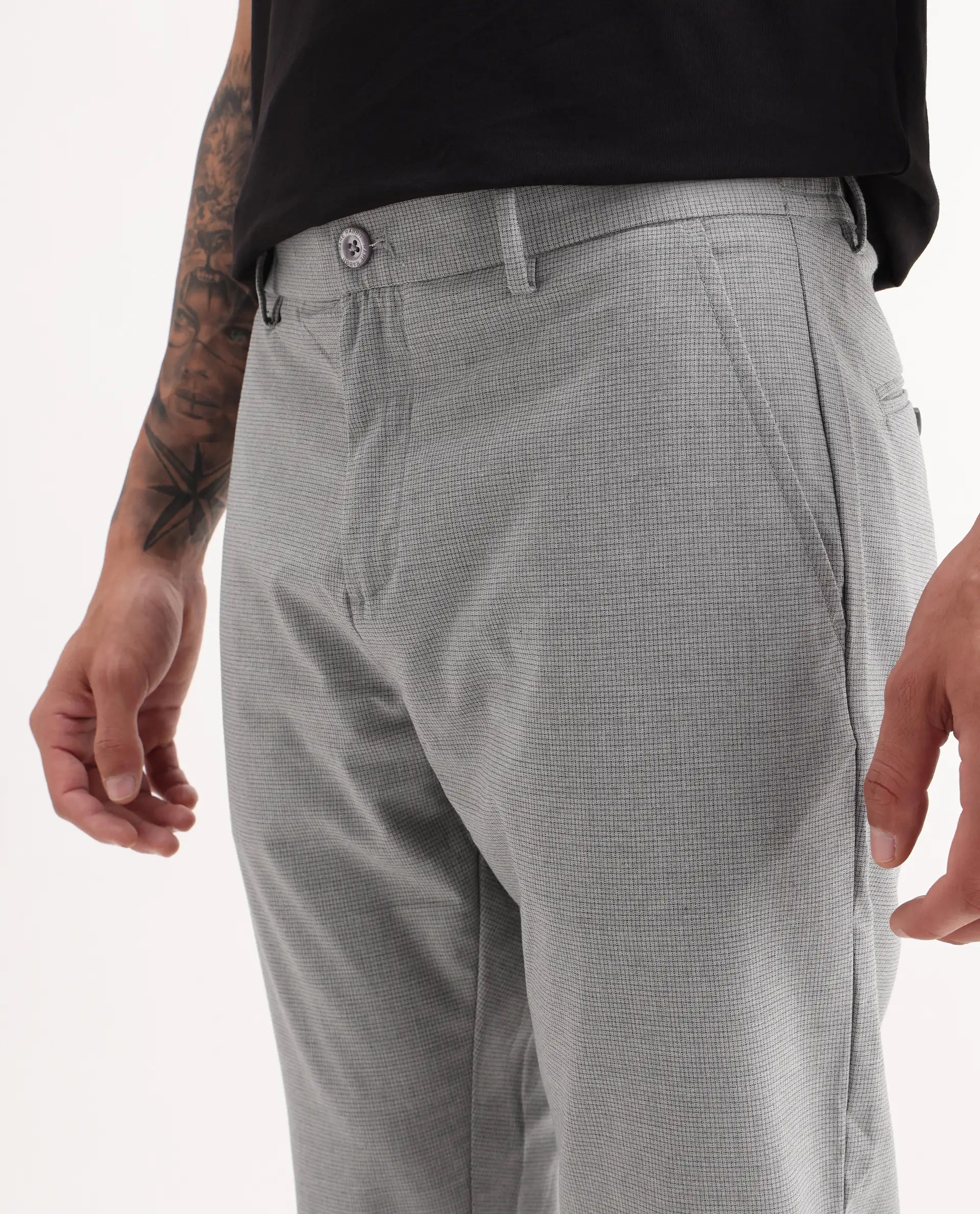 Rare Rabbit Men's Guild Casual Zader Grey Polyester Checked Print Regular Fit Trouser