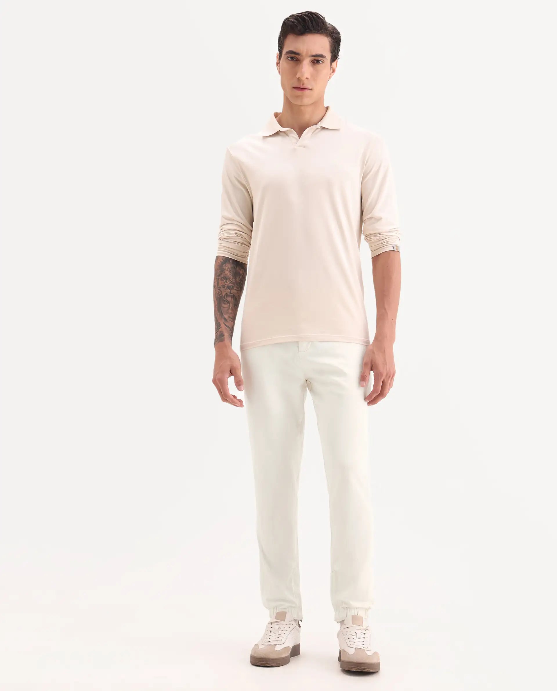 Rare Rabbit Men's Zade White Cotton Blend Plain Regular Fit Trouser