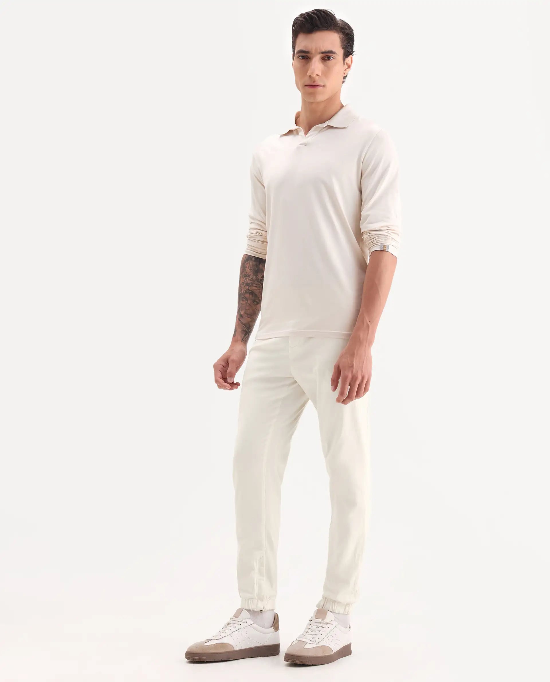 Rare Rabbit Men's Zade White Cotton Blend Plain Regular Fit Trouser