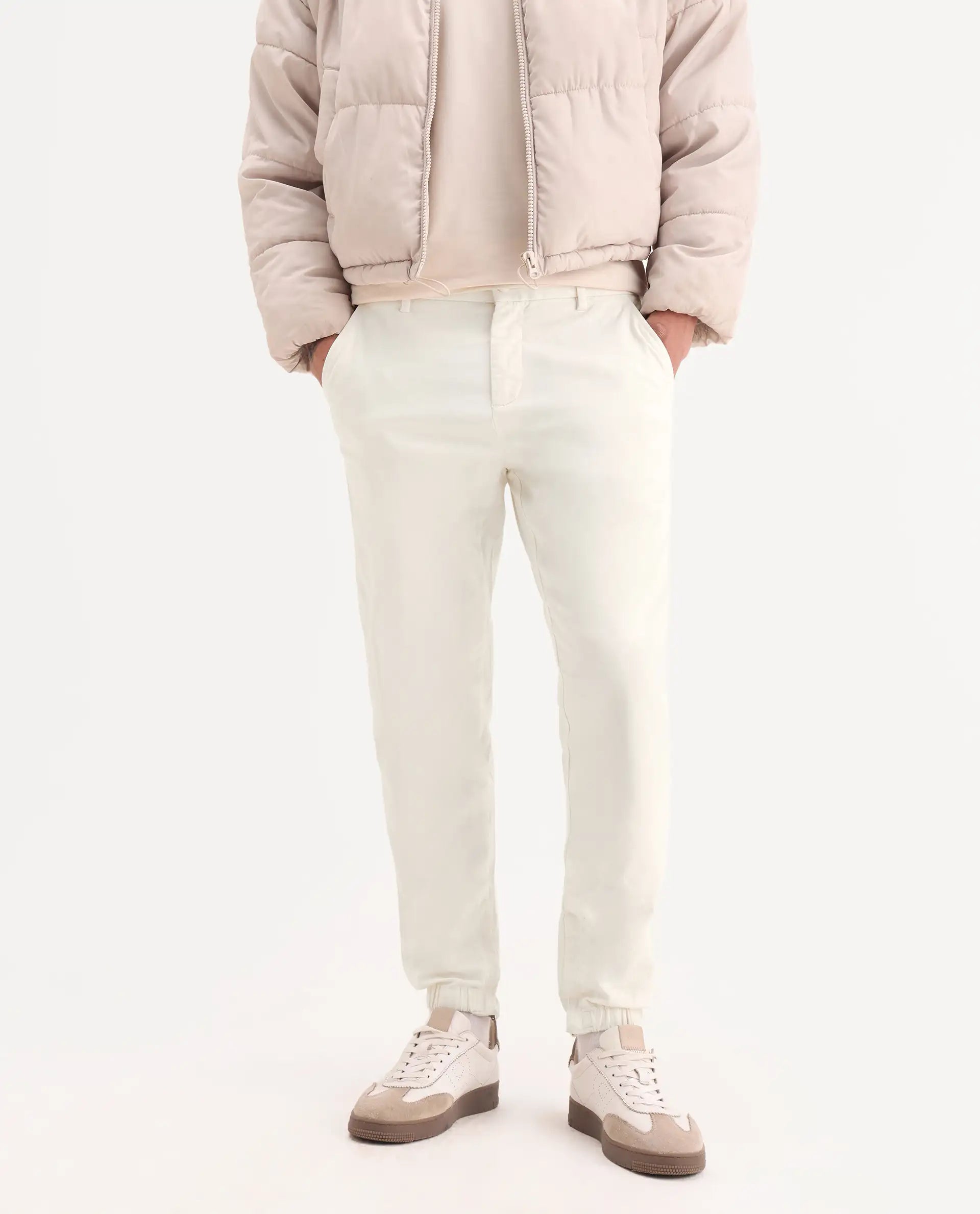 Rare Rabbit Men's Zade White Cotton Blend Plain Regular Fit Trouser