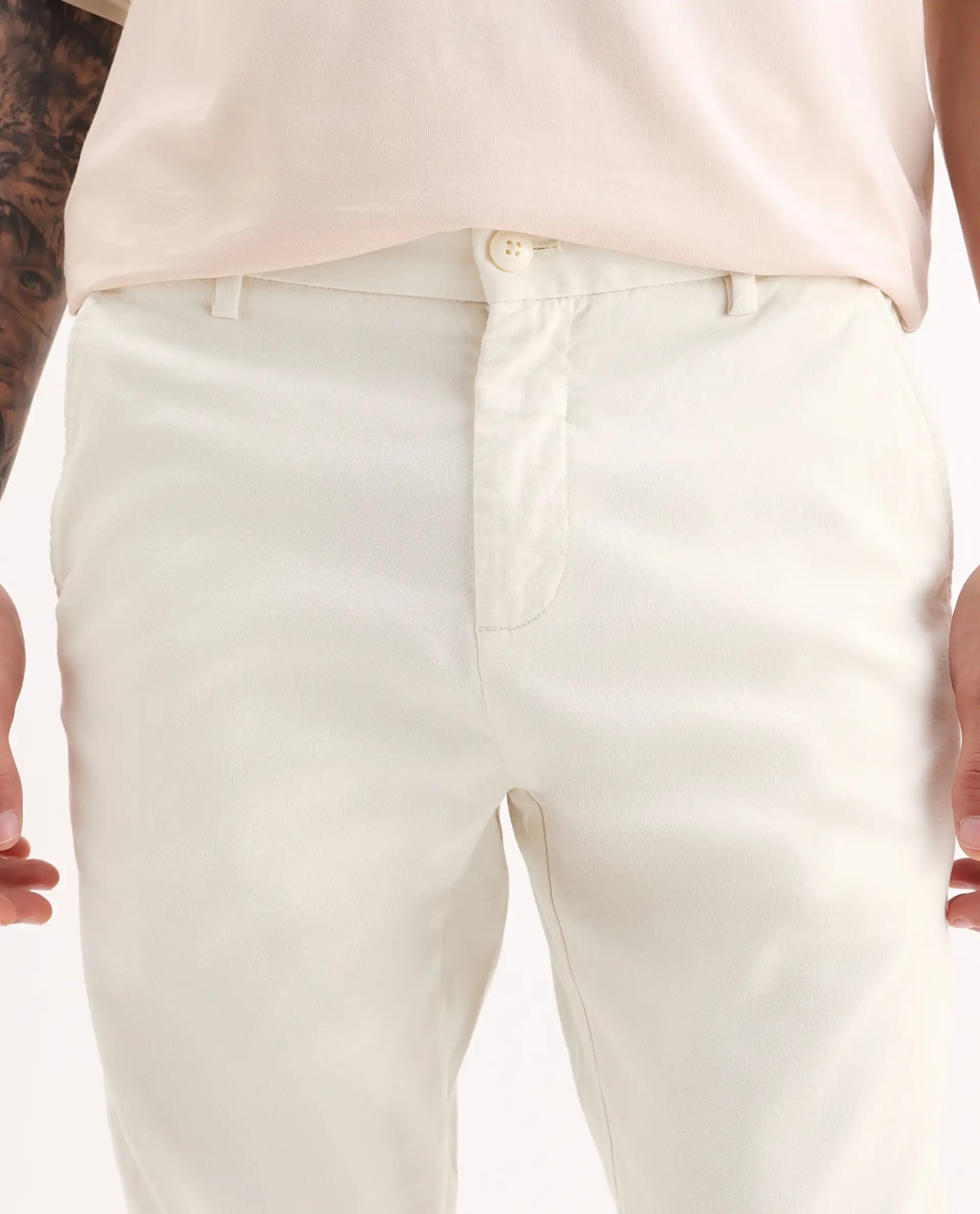 Rare Rabbit Men's Zade White Cotton Blend Plain Regular Fit Trouser