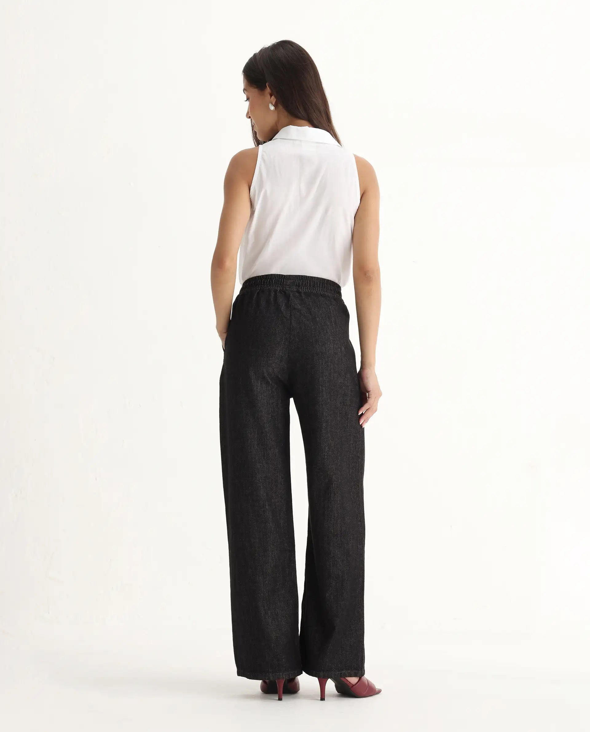 Rareism Women's Zalina Black Cotton Blend Plain Ankle Length Lounge Jeans