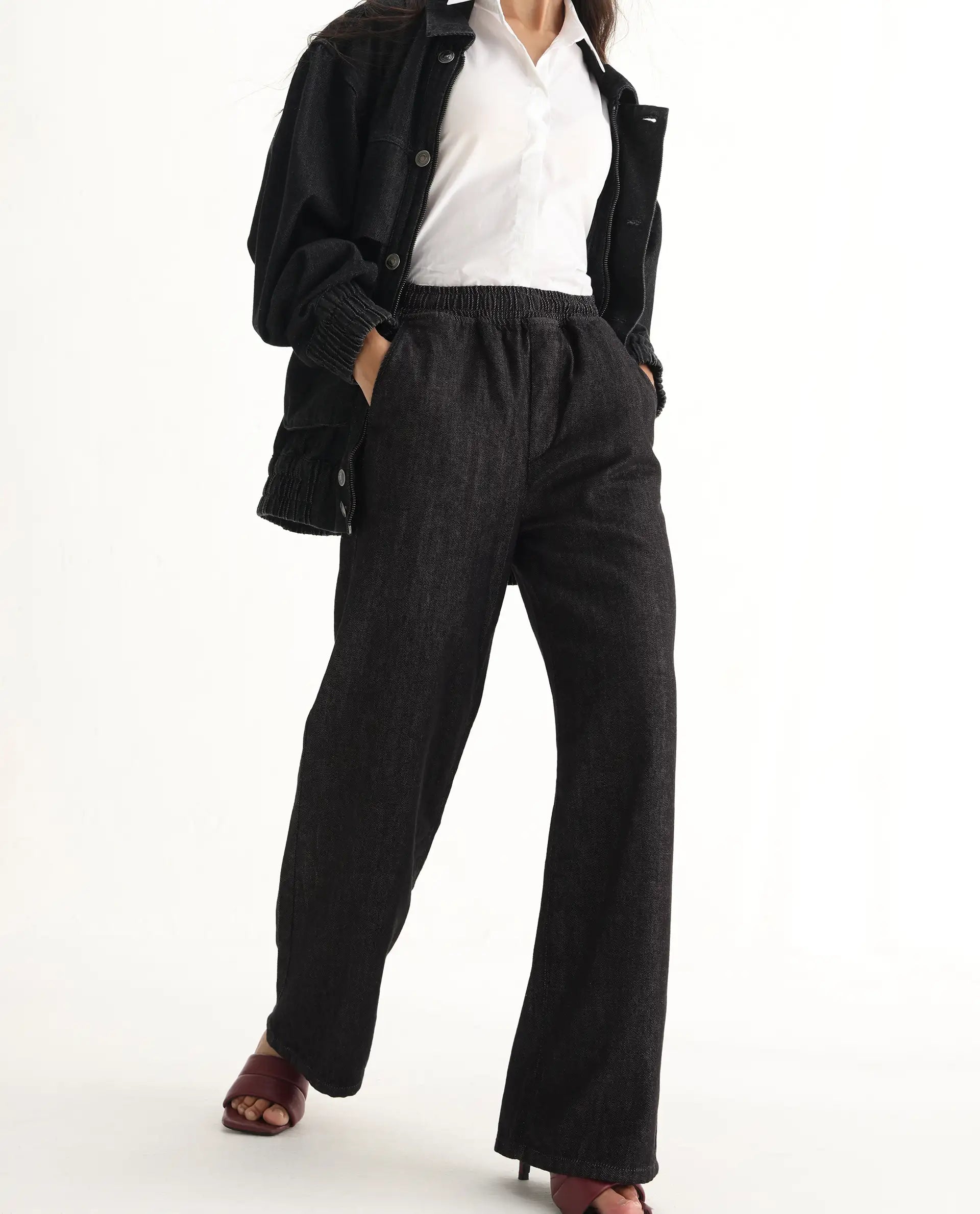 Rareism Women's Zalina Black Cotton Blend Plain Ankle Length Lounge Jeans