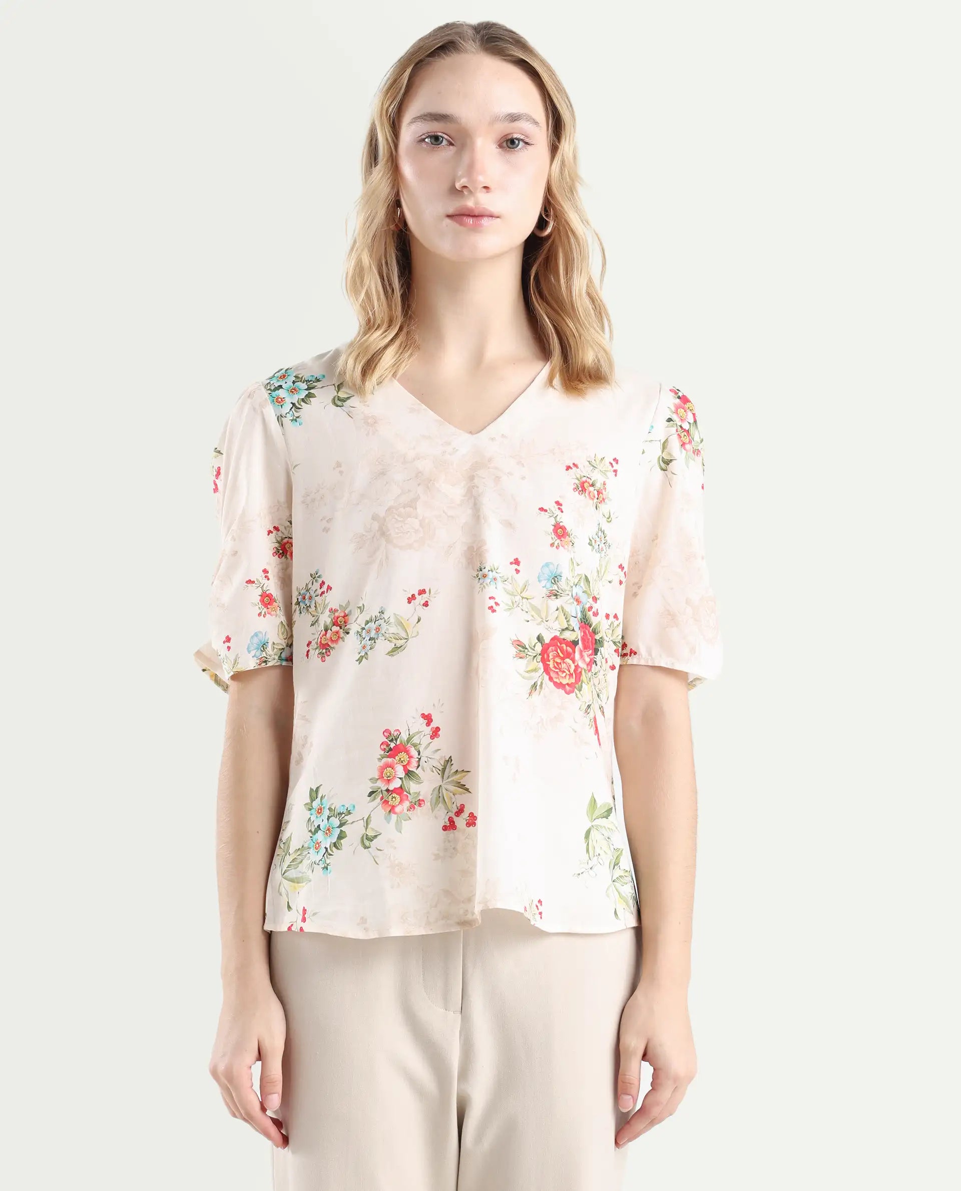 Rareism Women's Zamora Multi Cotton V-Neck Floral Print Bell Sleeve Crop Regular Fit Top