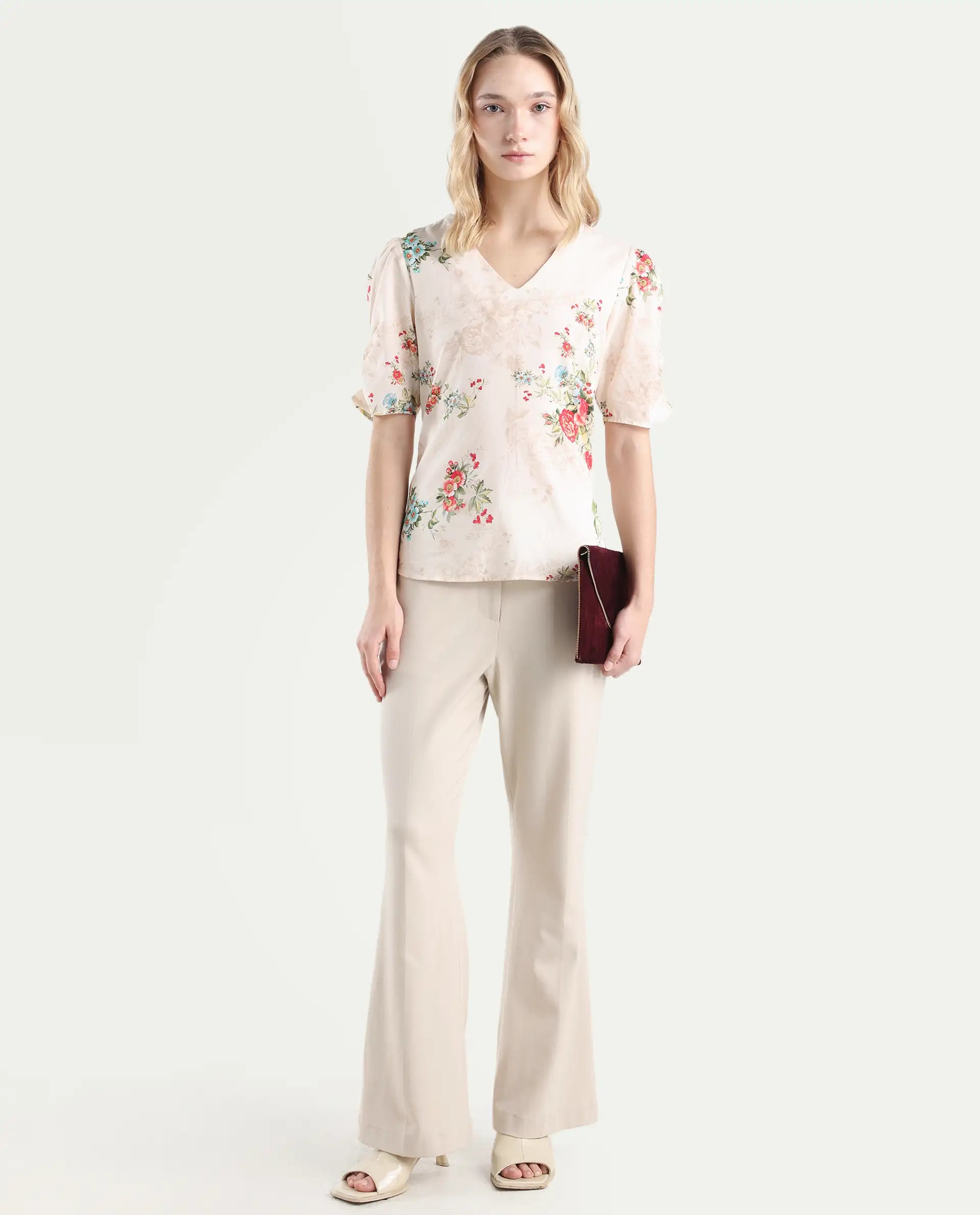 Rareism Women's Zamora Multi Cotton V-Neck Floral Print Bell Sleeve Crop Regular Fit Top