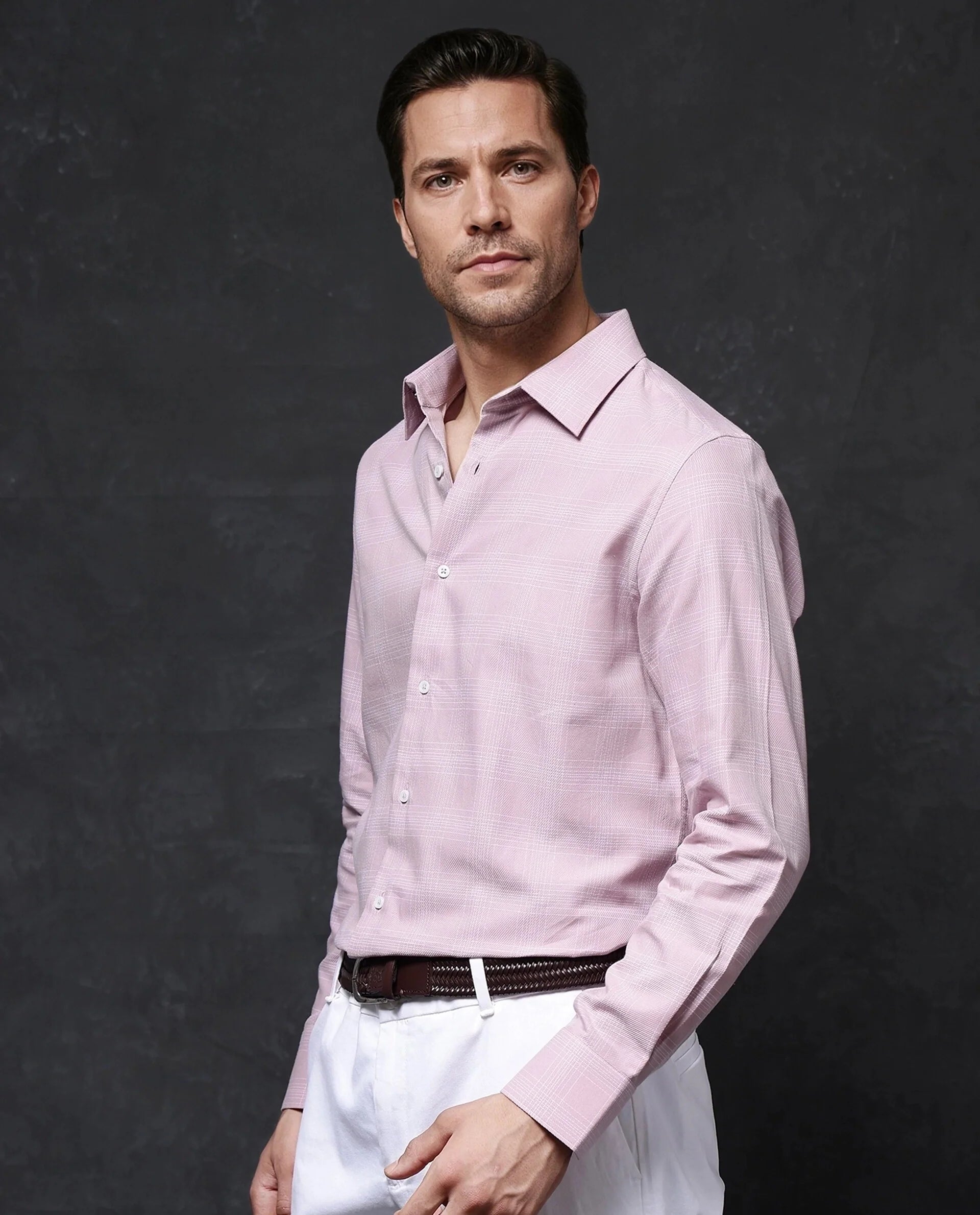 Rare Rabbit Men Zana Pink Cotton Fabric Full Sleeve Regular Fit Cavalry Twill Checks Shirt