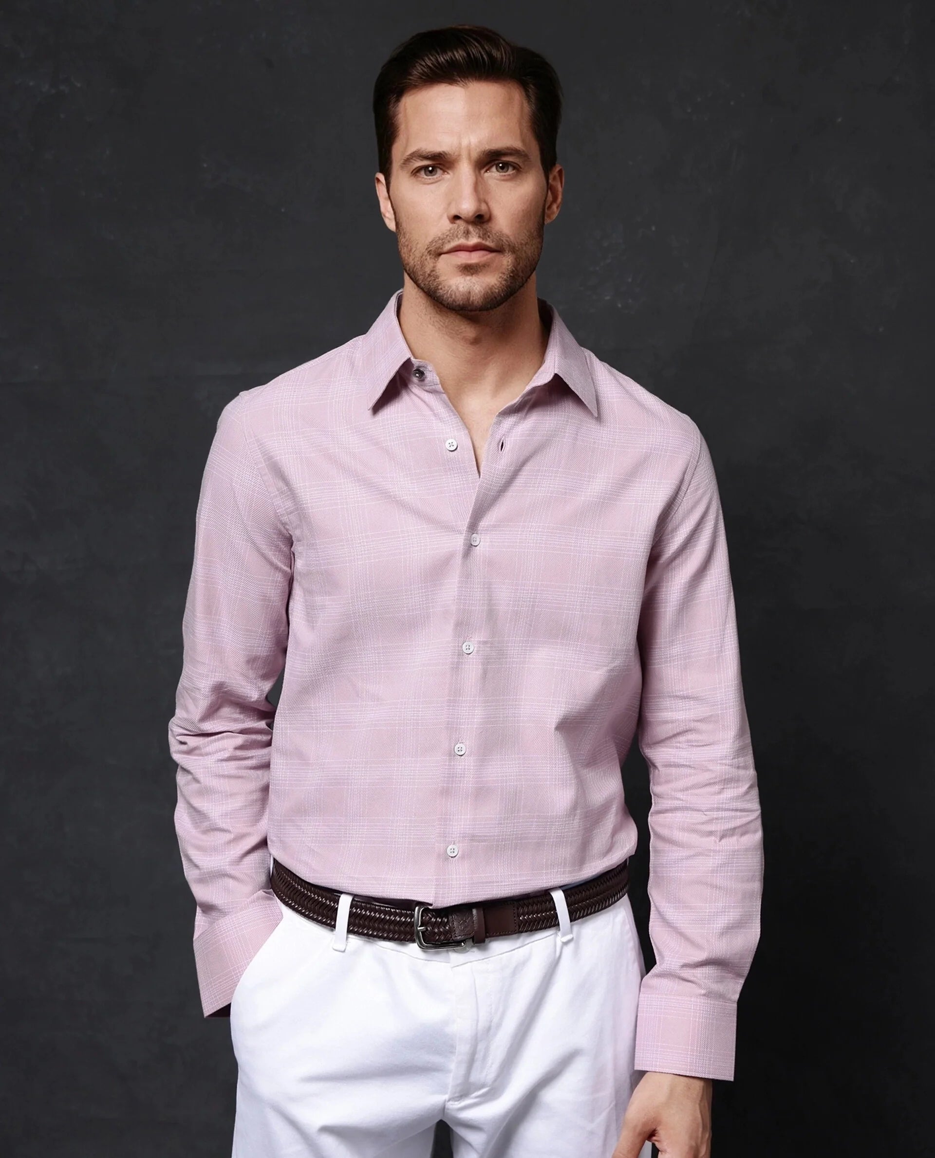 Rare Rabbit Men Zana Pink Cotton Fabric Full Sleeve Regular Fit Cavalry Twill Checks Shirt