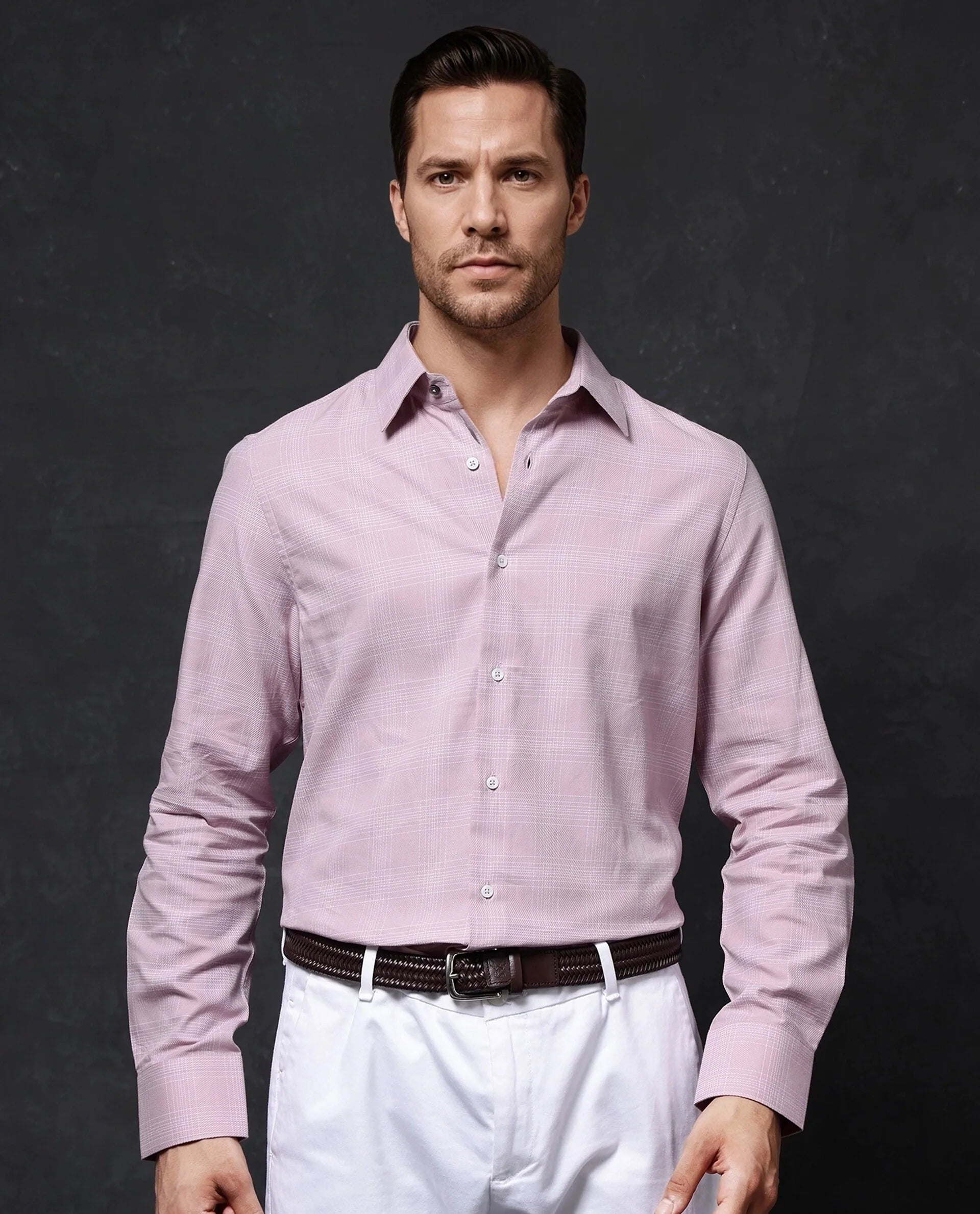 Rare Rabbit Men Zana Pink Cotton Fabric Full Sleeve Regular Fit Cavalry Twill Checks Shirt