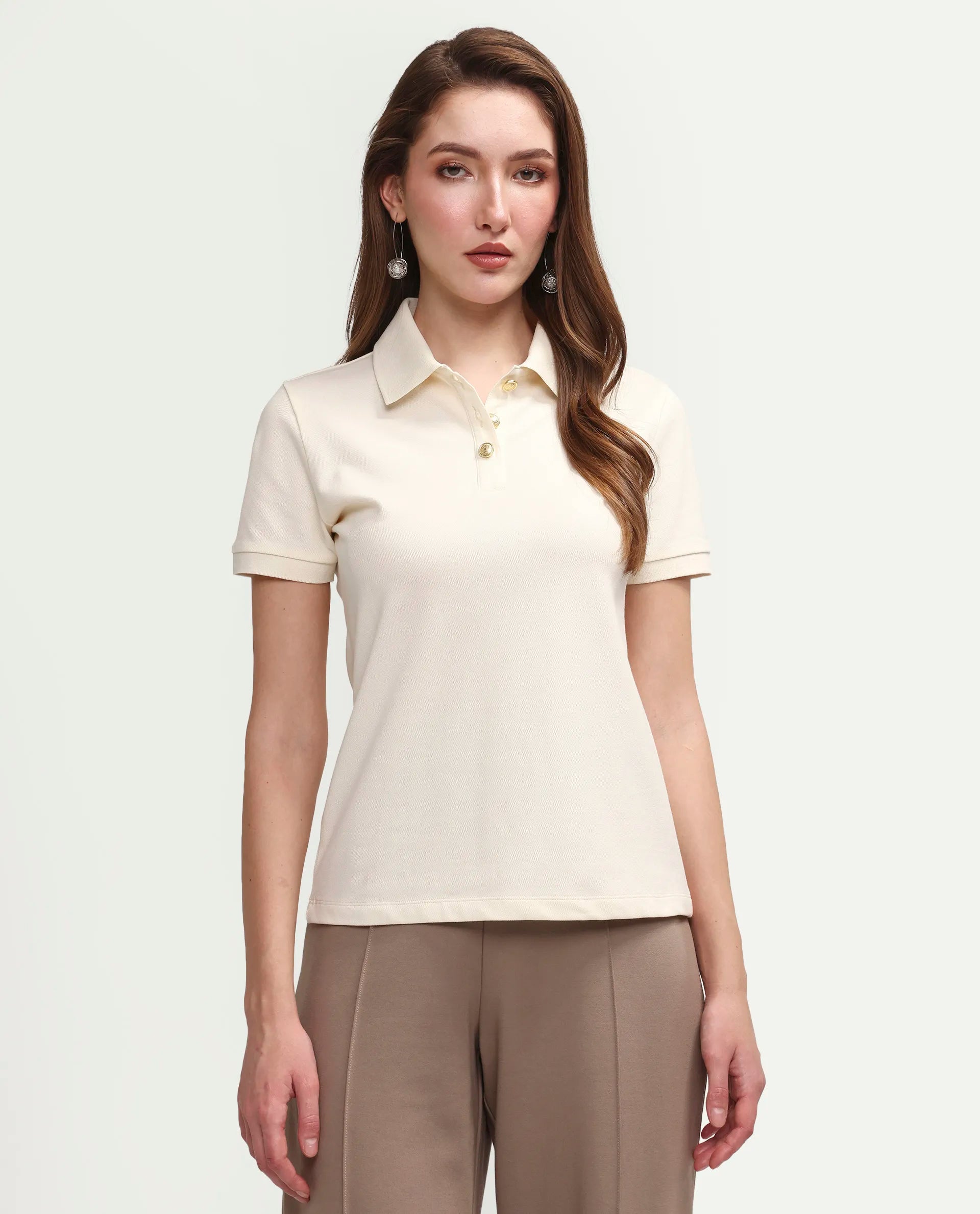 Rareism Women's Zana Off White Cotton Blend Half Sleeve Regular Fit Plain Polo