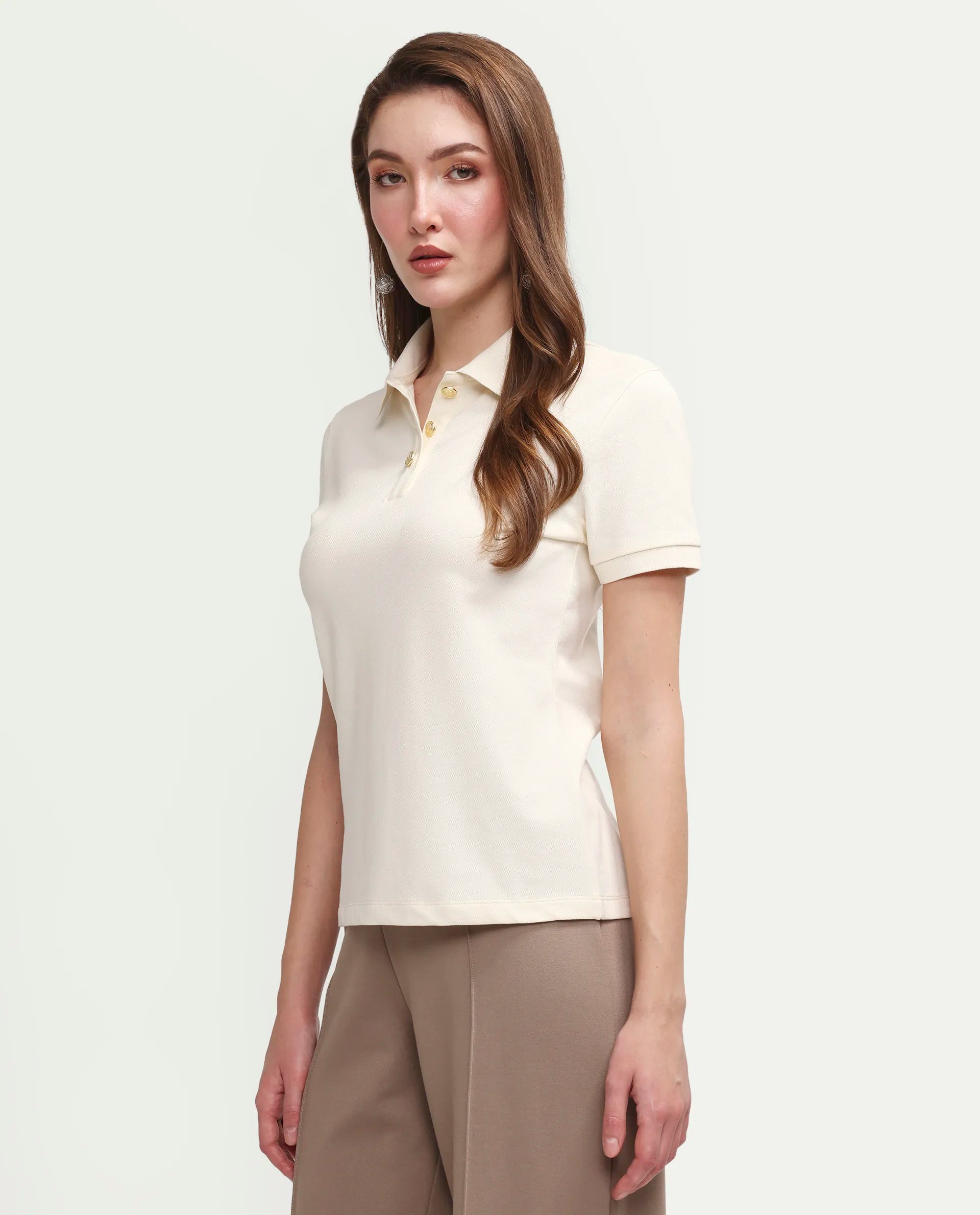 Rareism Women's Zana Off White Cotton Blend Half Sleeve Regular Fit Plain Polo