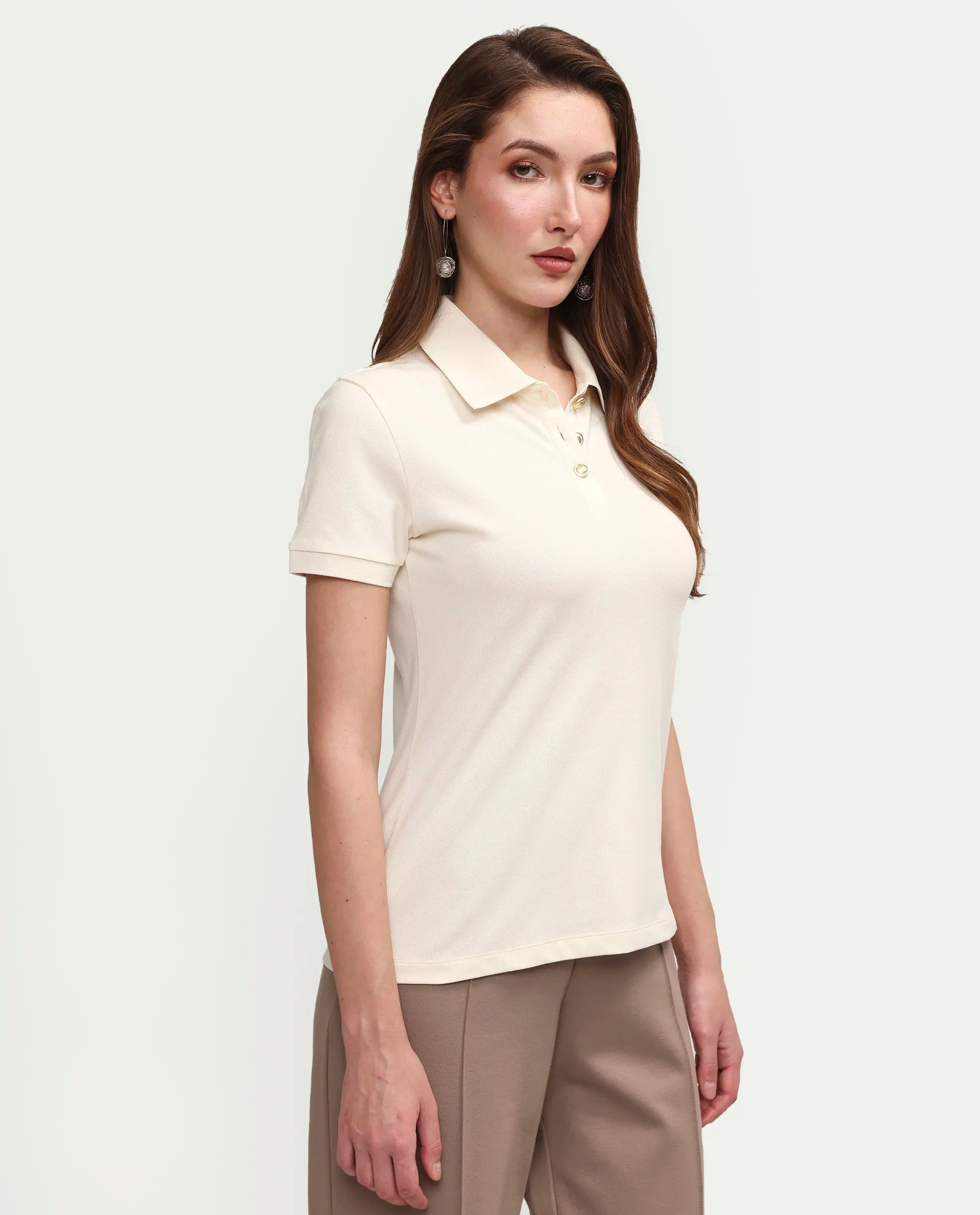 Rareism Women's Zana Off White Cotton Blend Half Sleeve Regular Fit Plain Polo