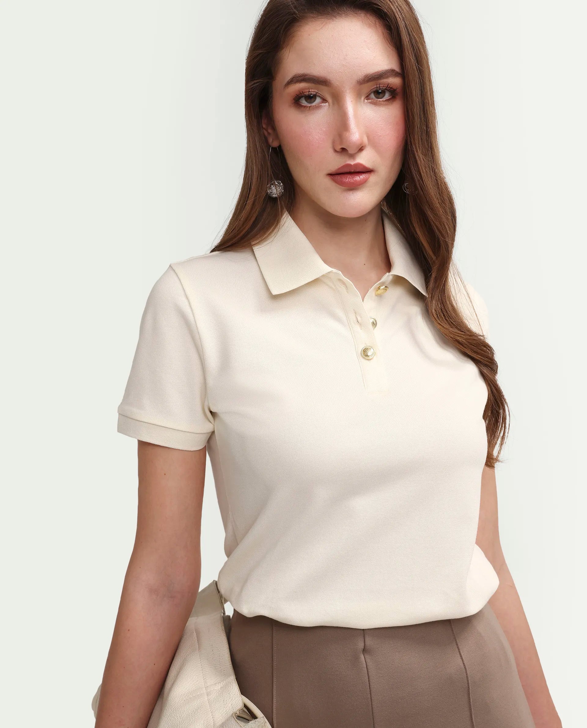 Rareism Women's Zana Off White Cotton Blend Half Sleeve Regular Fit Plain Polo
