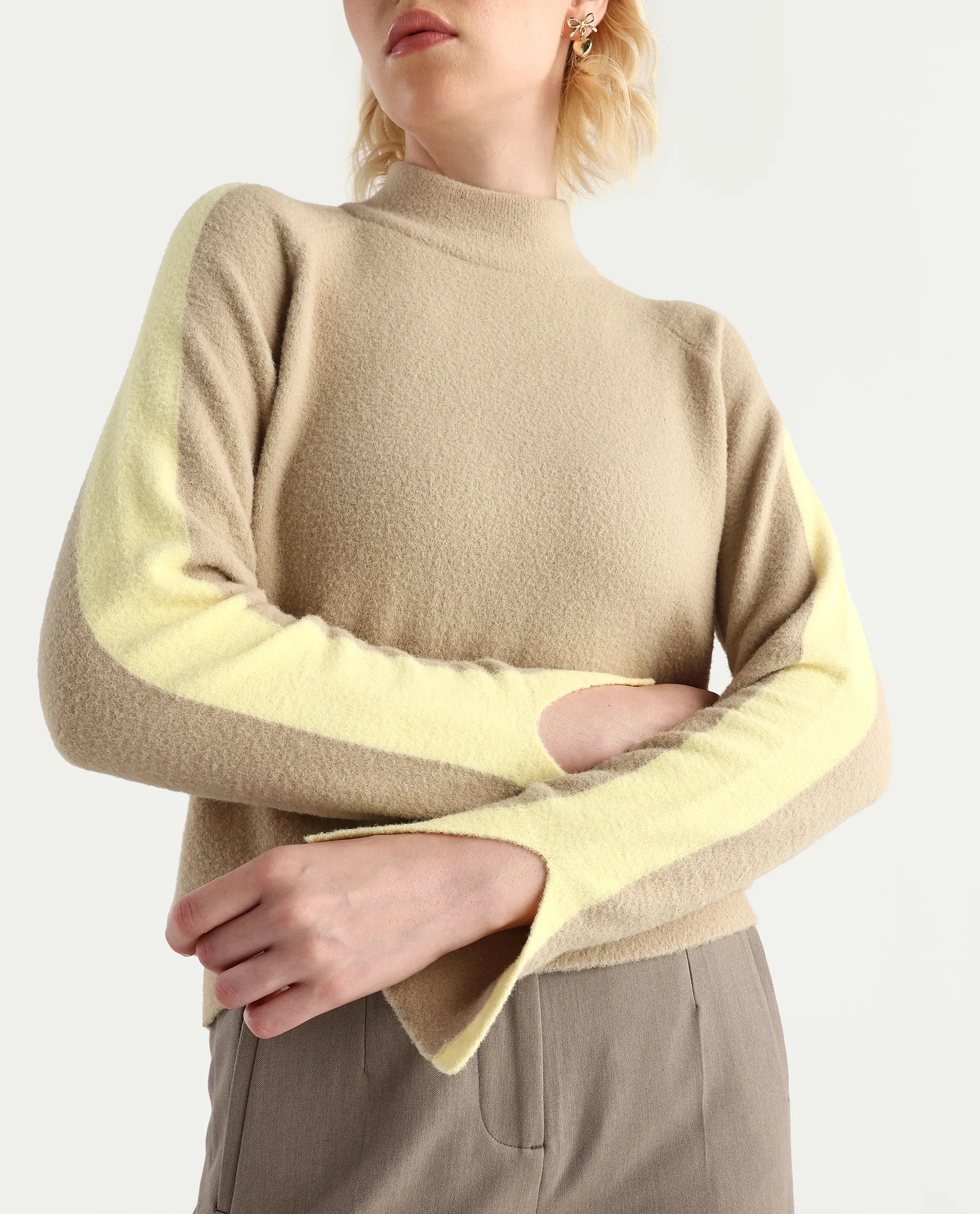 Rareism Women's Zanderyo Light Beige Nylon High Neck Relaxed Fit Sweater