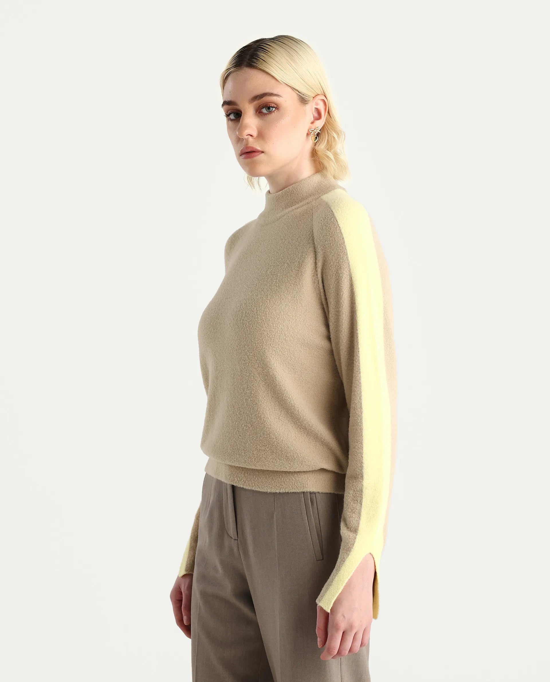 Rareism Women's Zanderyo Light Beige Nylon High Neck Relaxed Fit Sweater