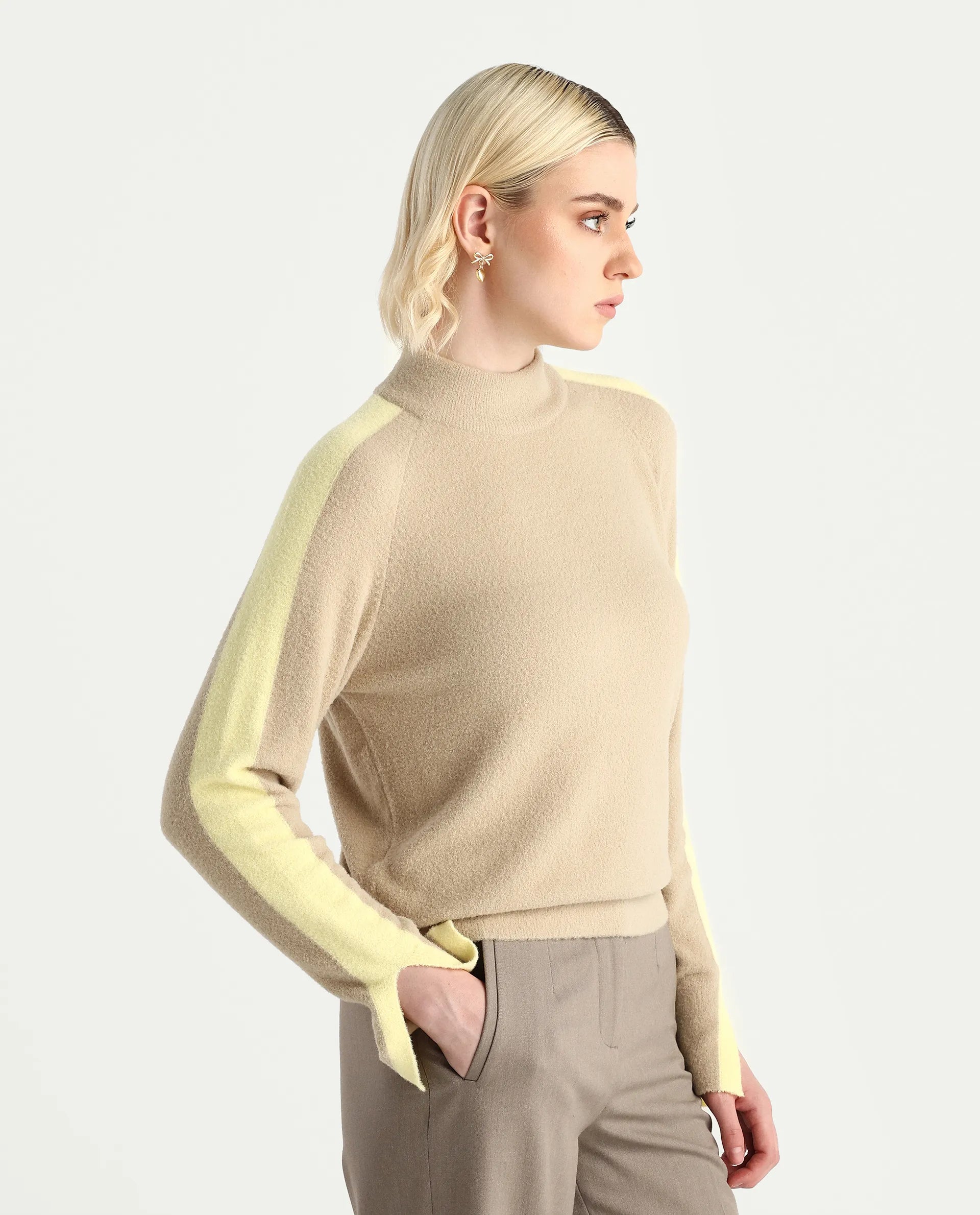 Rareism Women's Zanderyo Light Beige Nylon High Neck Relaxed Fit Sweater