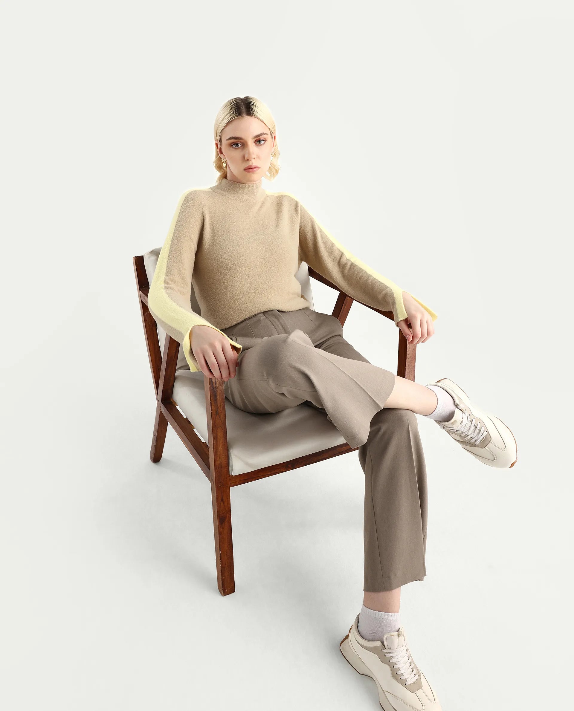 Rareism Women's Zanderyo Light Beige Nylon High Neck Relaxed Fit Sweater