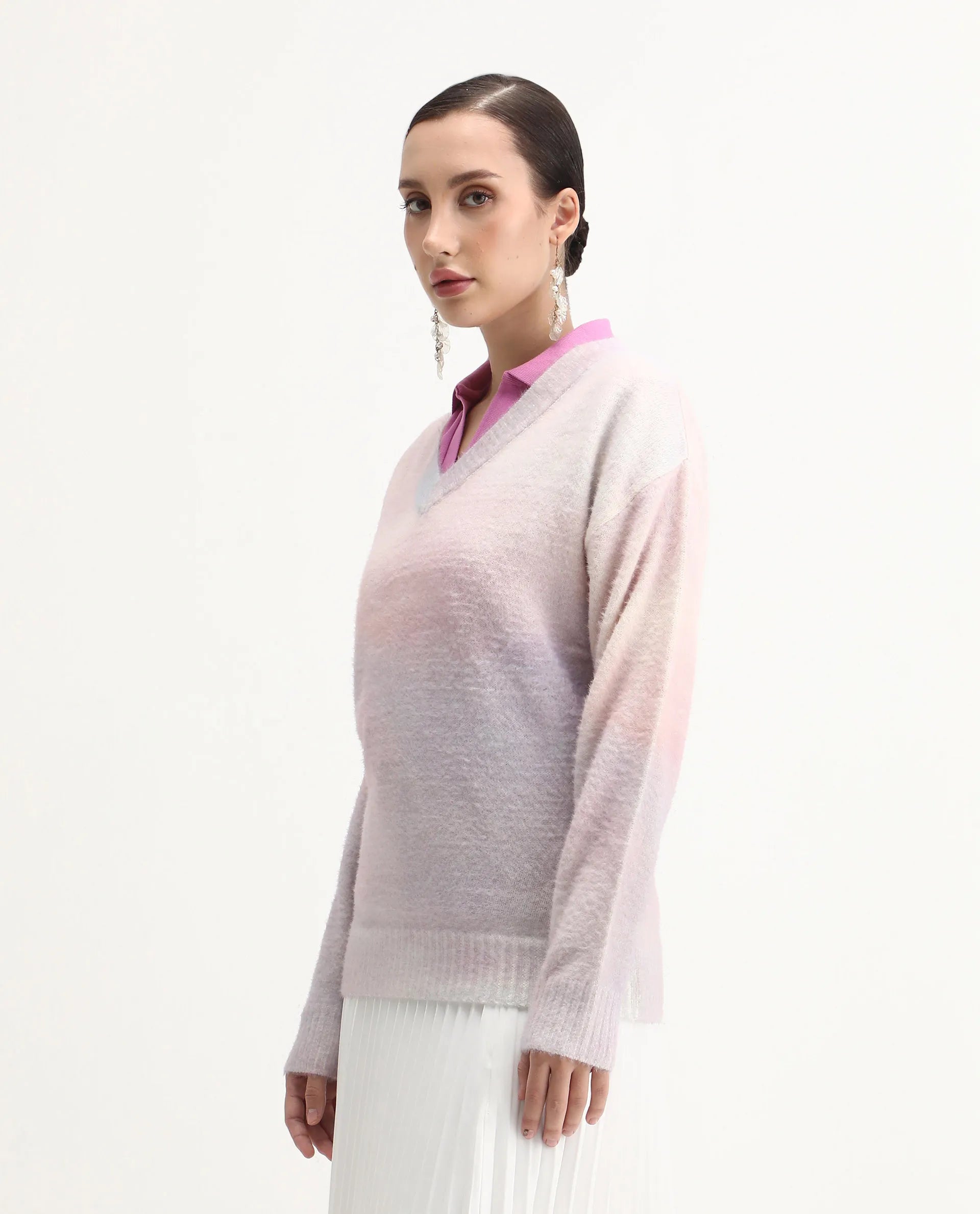 Rareism Women's Zanderi Light Multi Acrylic Blend Fabric V-Neck Relaxed Fit Abstract Print Sweater