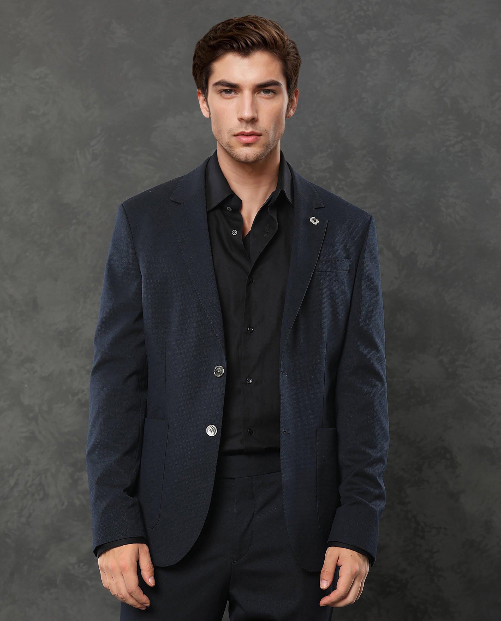 Rare Rabbit Men's Zanza Navy Polyester Viscose Fabric Notch Lapel Button Closure Single Breasted Textured Suits