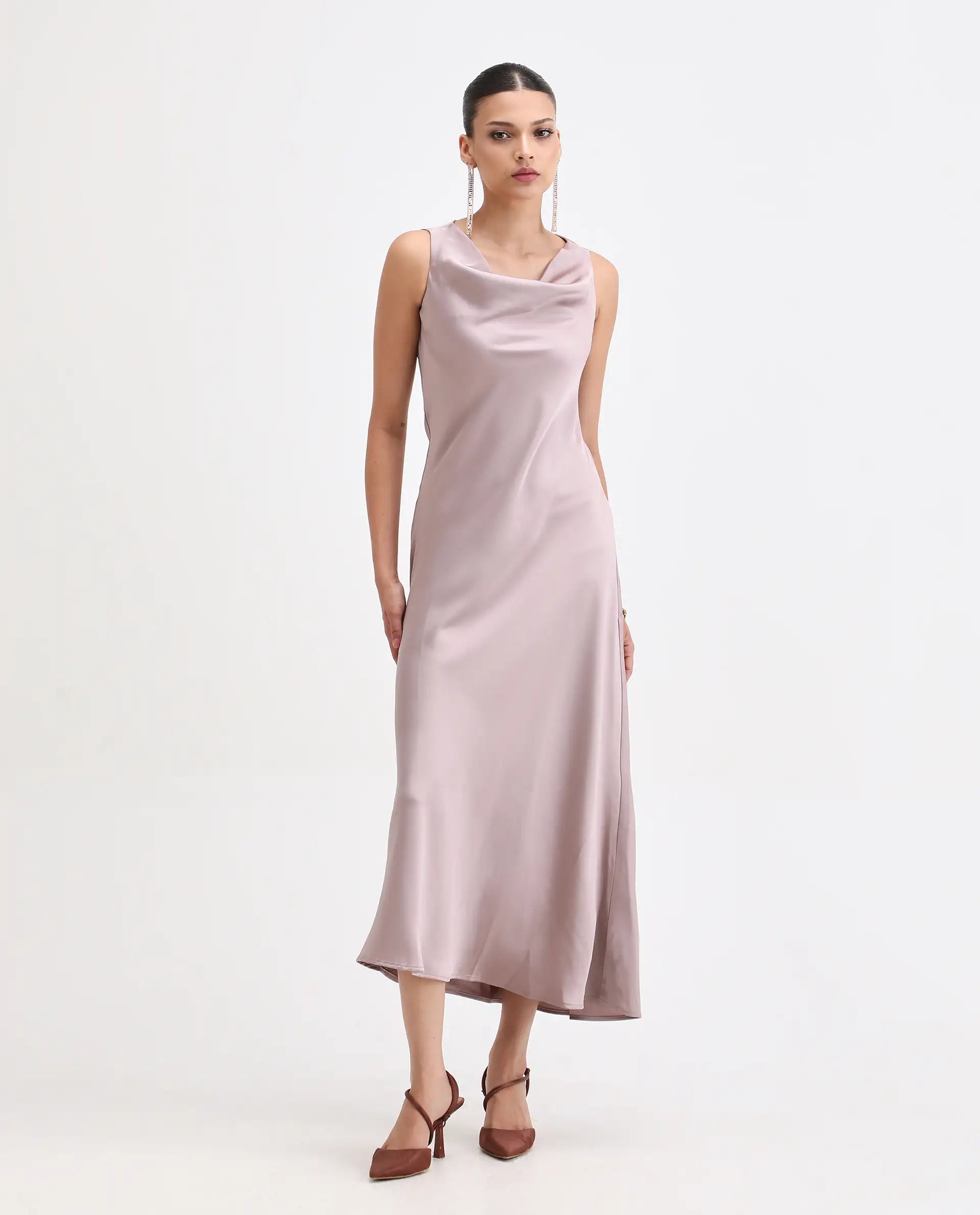 Rareism Women's Zarina Dusky Beige Polyester Cowl Neck Plain Sleeveless Maxi Straight Fit Dress