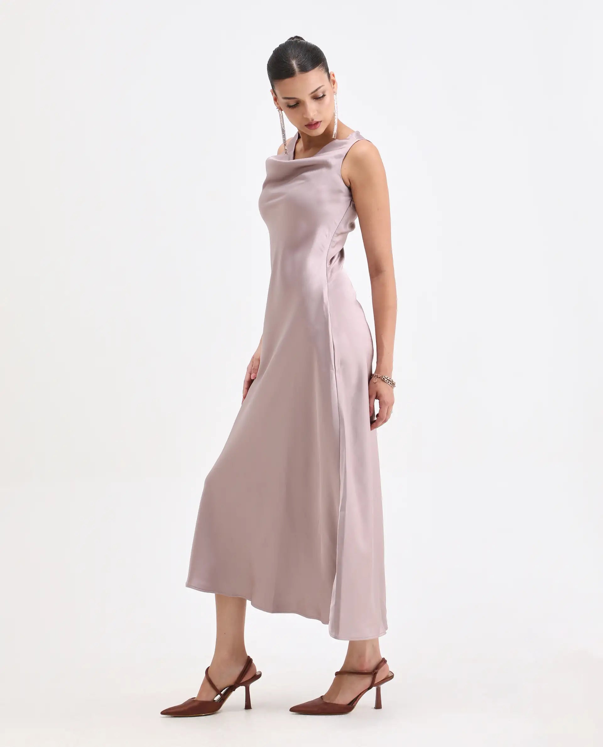 Rareism Women's Zarina Dusky Beige Polyester Cowl Neck Plain Sleeveless Maxi Straight Fit Dress