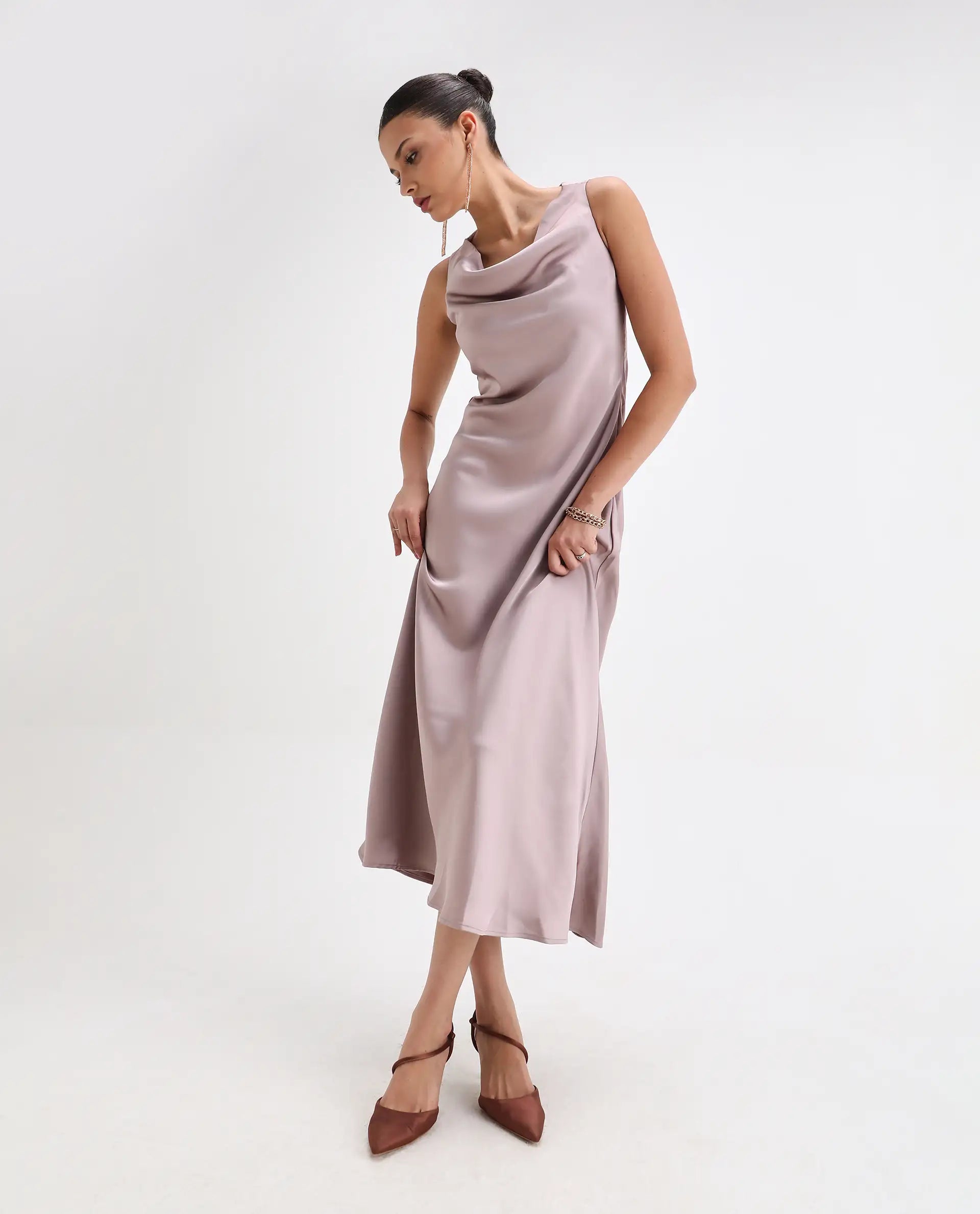 Rareism Women's Zarina Dusky Beige Polyester Cowl Neck Plain Sleeveless Maxi Straight Fit Dress