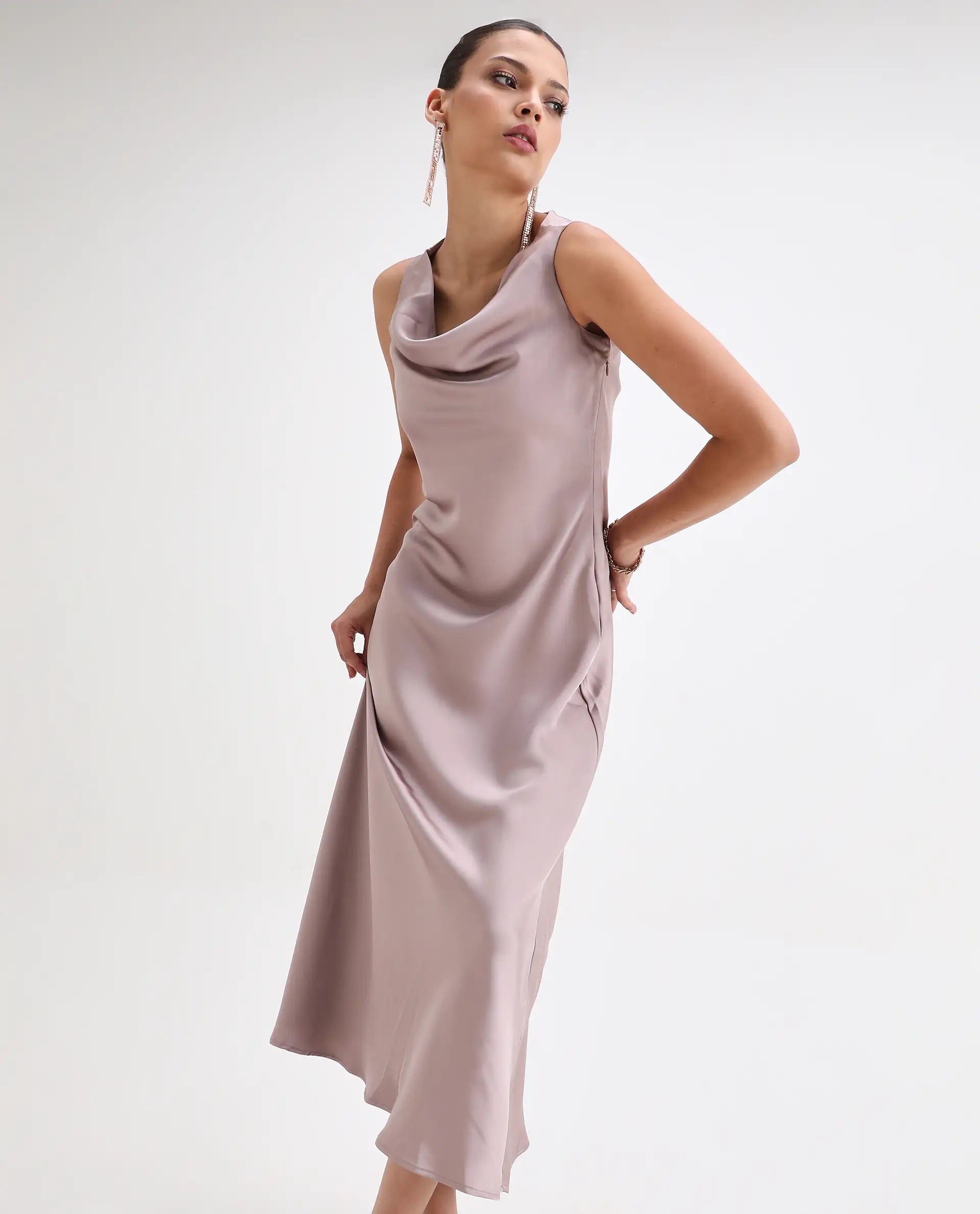Rareism Women's Zarina Dusky Beige Polyester Cowl Neck Plain Sleeveless Maxi Straight Fit Dress