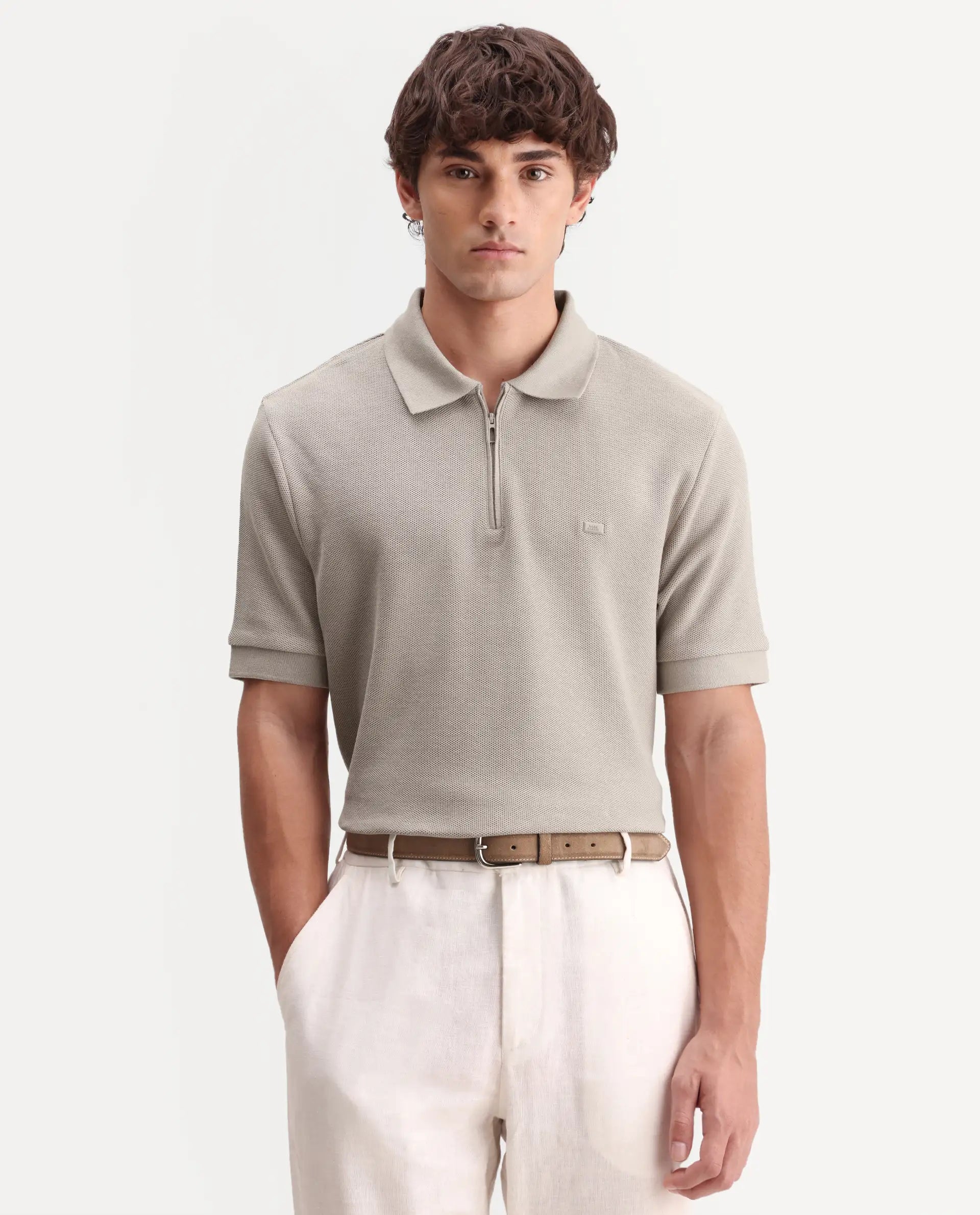 Rare Rabbit Men's Zaron Dusky Beige Cotton Fabric Half Sleeve Spread Collar Regular Fit Plain Polo
