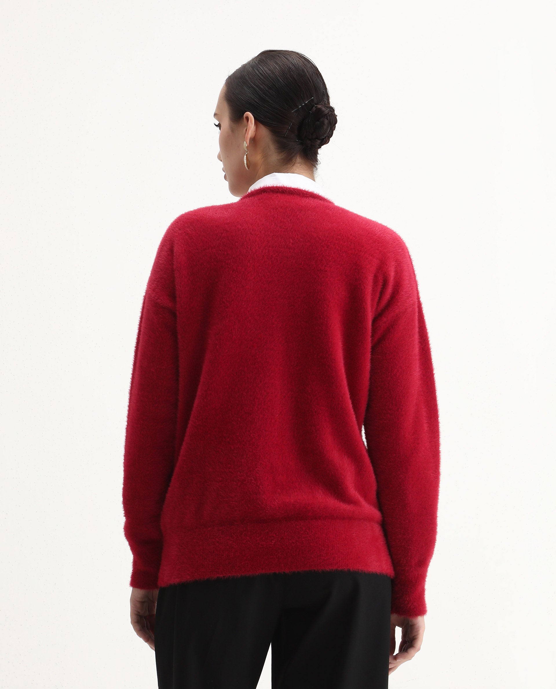 Rareism Women's Zavi Red Nylon V-Neck Relaxed Fit Sweater