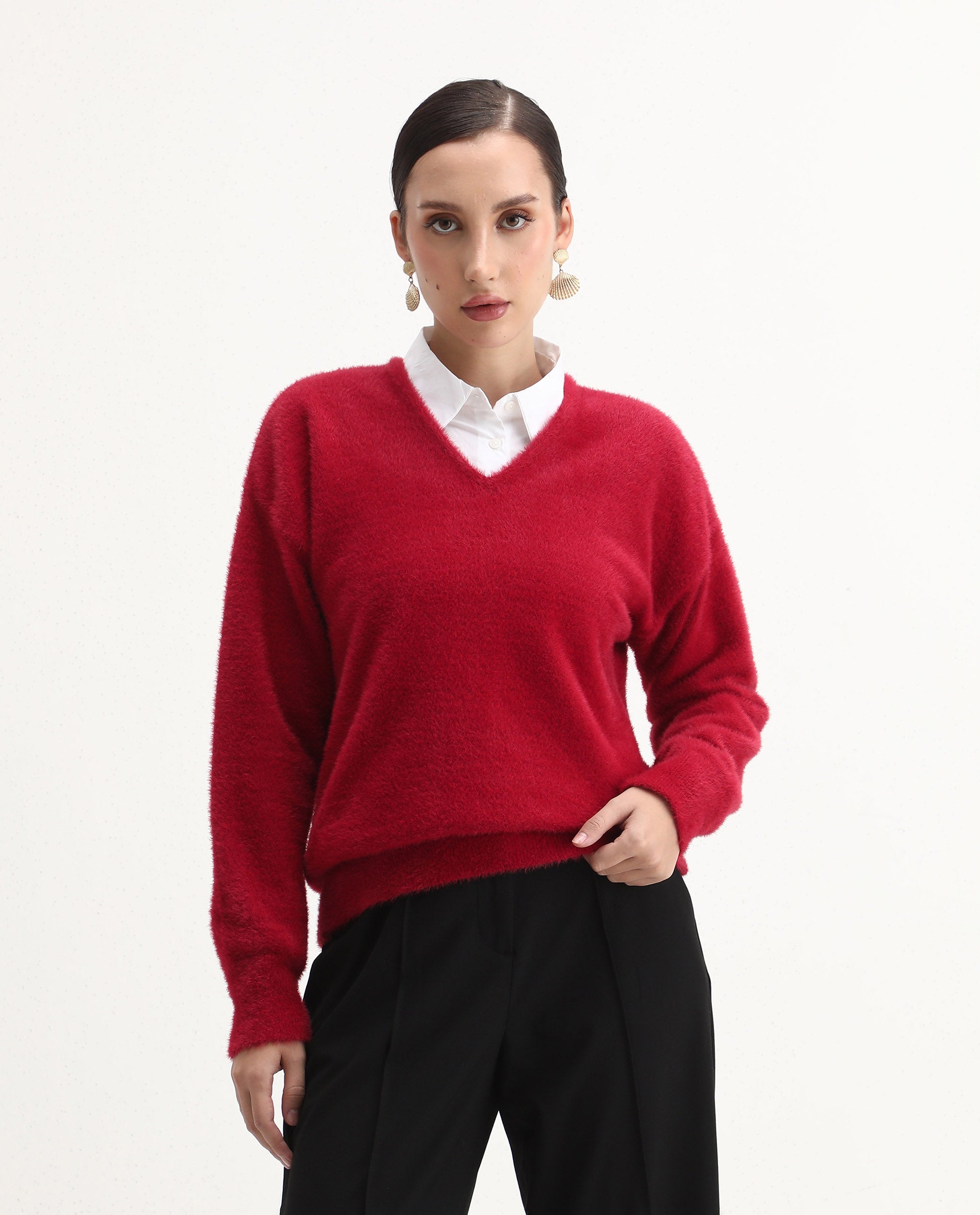 Rareism Women's Zavi Red Nylon V-Neck Relaxed Fit Sweater
