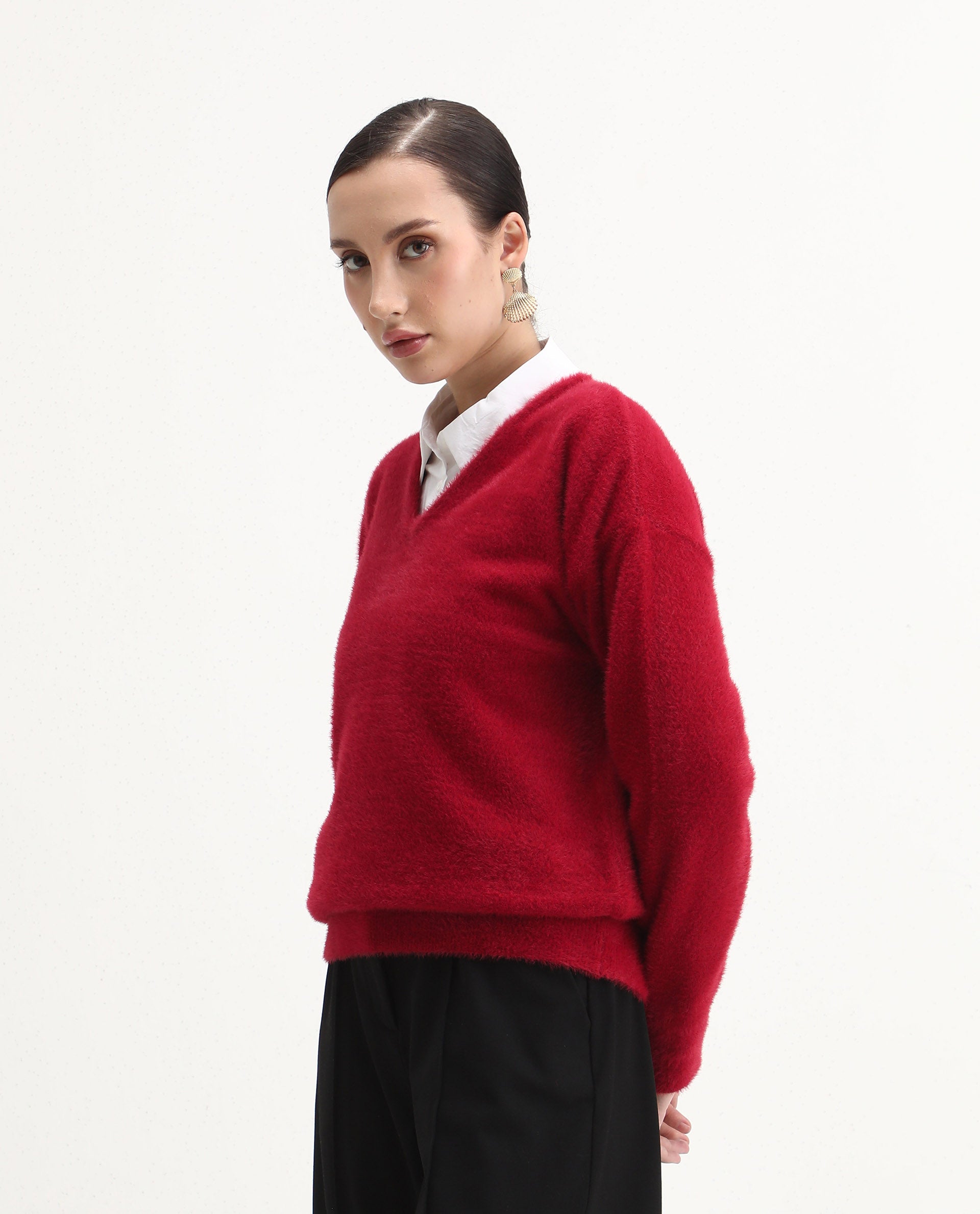 Rareism Women's Zavi Red Nylon V-Neck Relaxed Fit Sweater