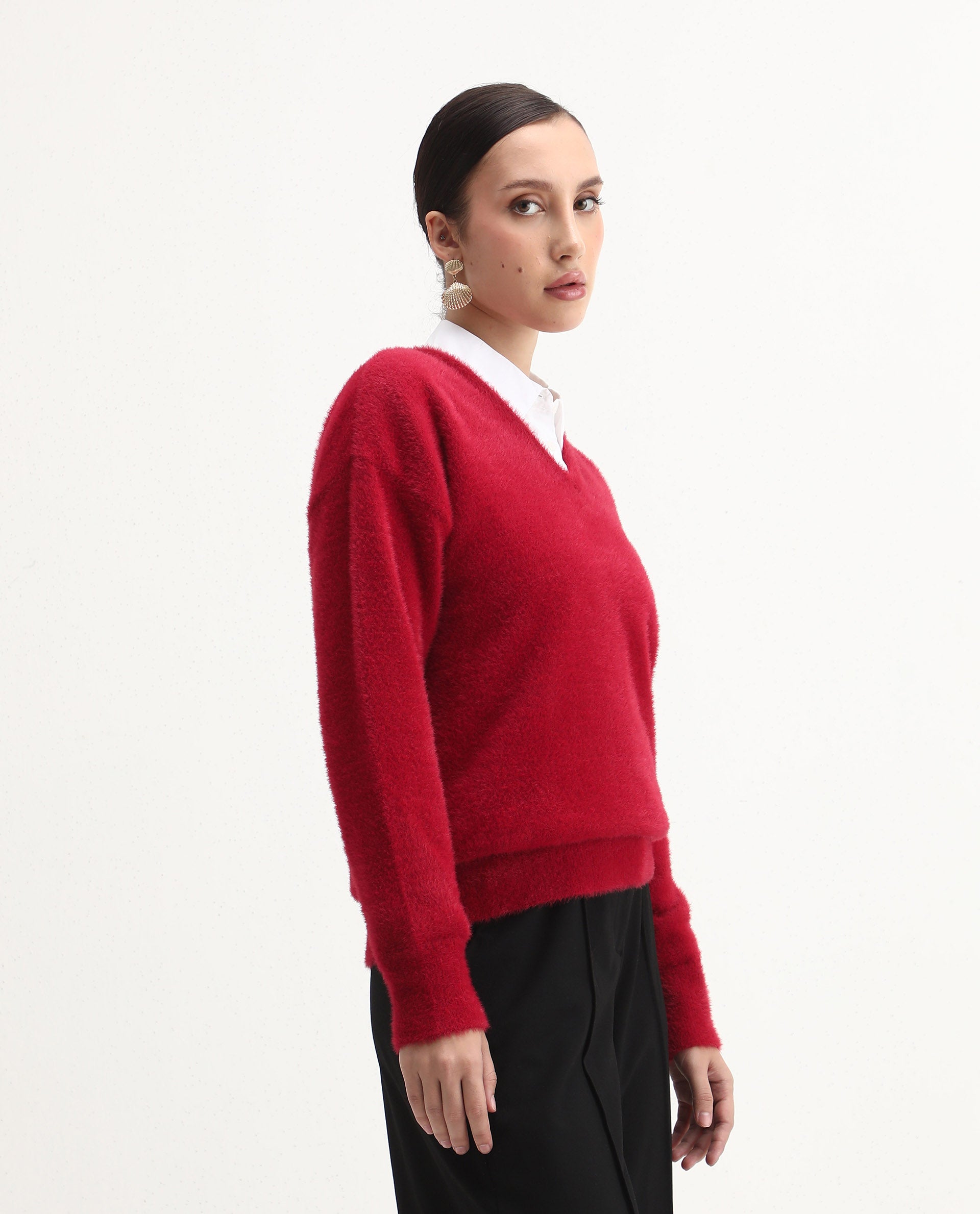 Rareism Women's Zavi Red Nylon V-Neck Relaxed Fit Sweater