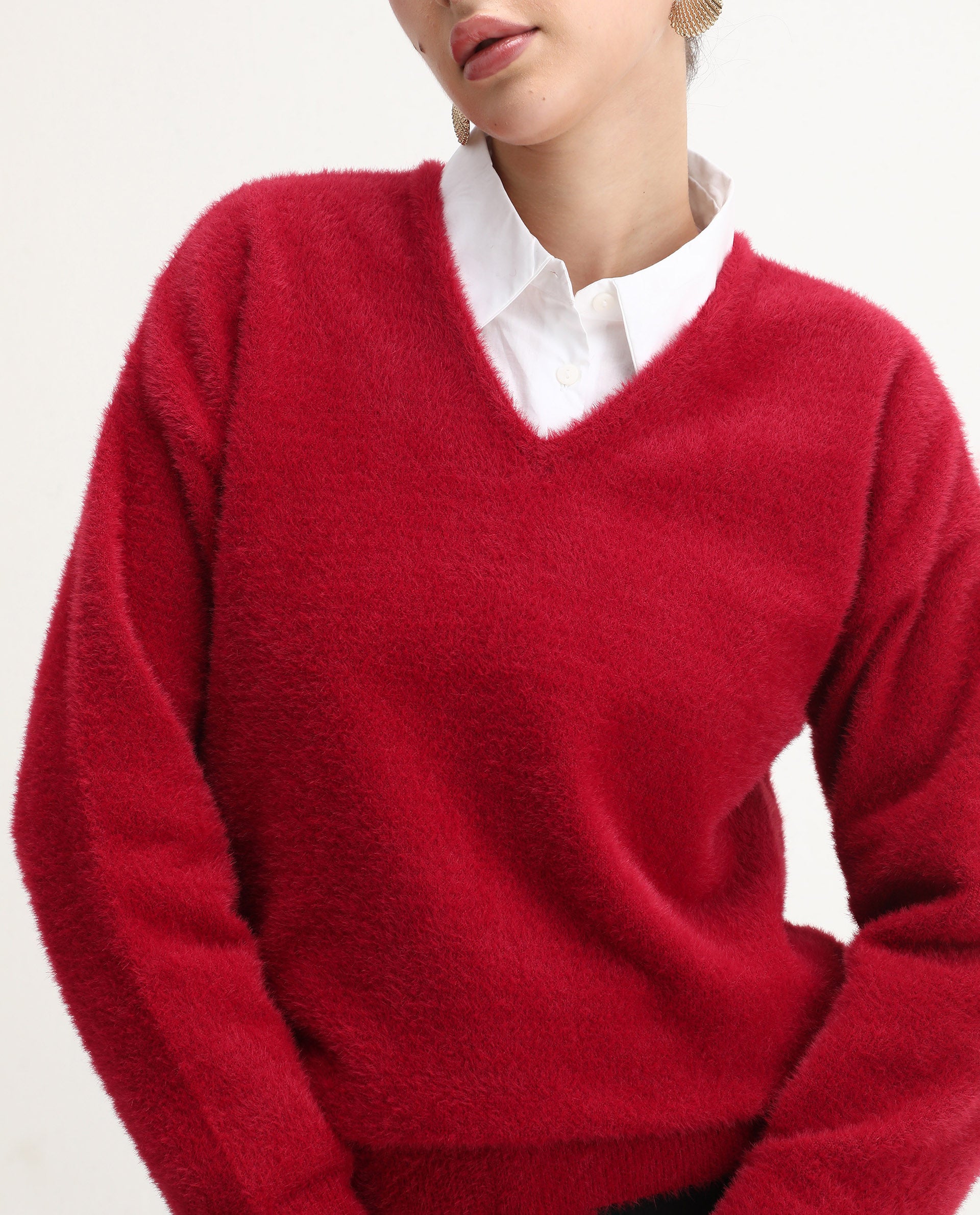 Rareism Women's Zavi Red Nylon V-Neck Relaxed Fit Sweater