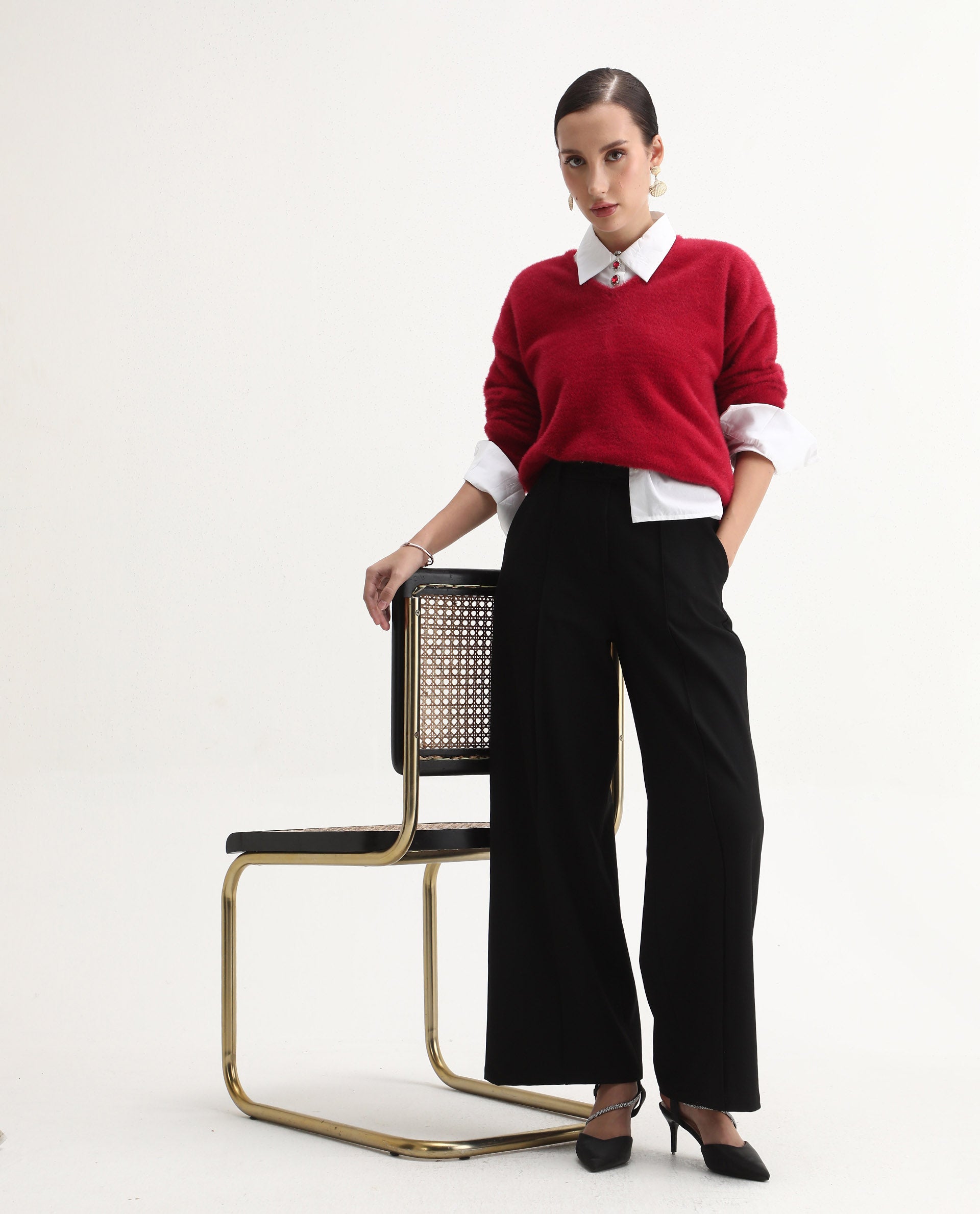 Rareism Women's Zavi Red Nylon V-Neck Relaxed Fit Sweater