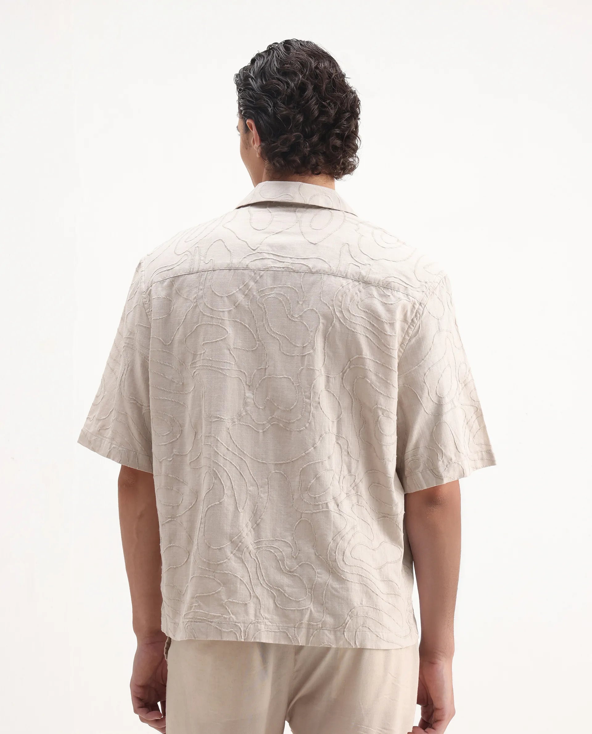 Rare Rabbit Men's Zeal Khaki Cotton Embroidered Oversized Fit Half Sleeve Cuban Collar Shirt