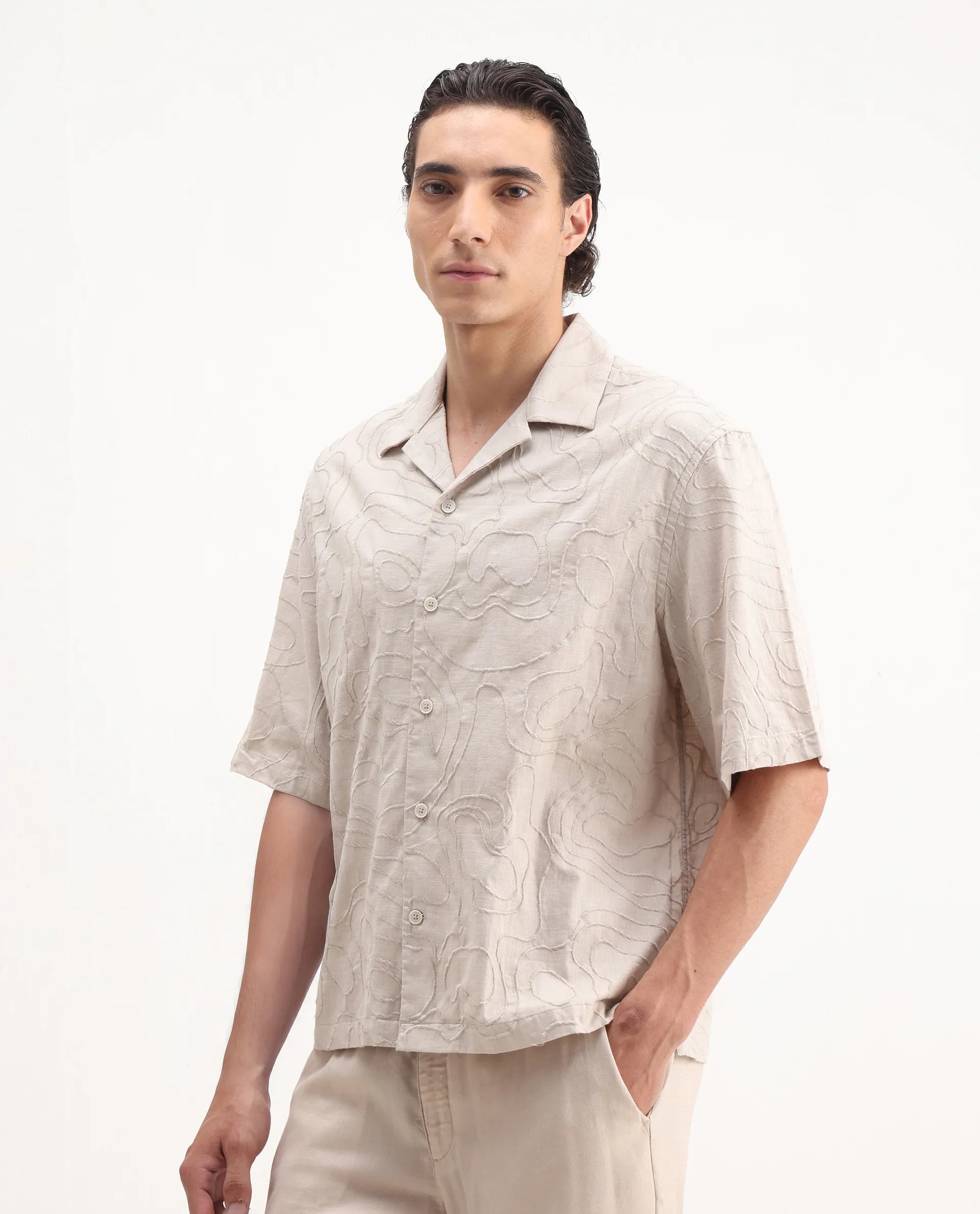 Rare Rabbit Men's Zeal Khaki Cotton Embroidered Oversized Fit Half Sleeve Cuban Collar Shirt