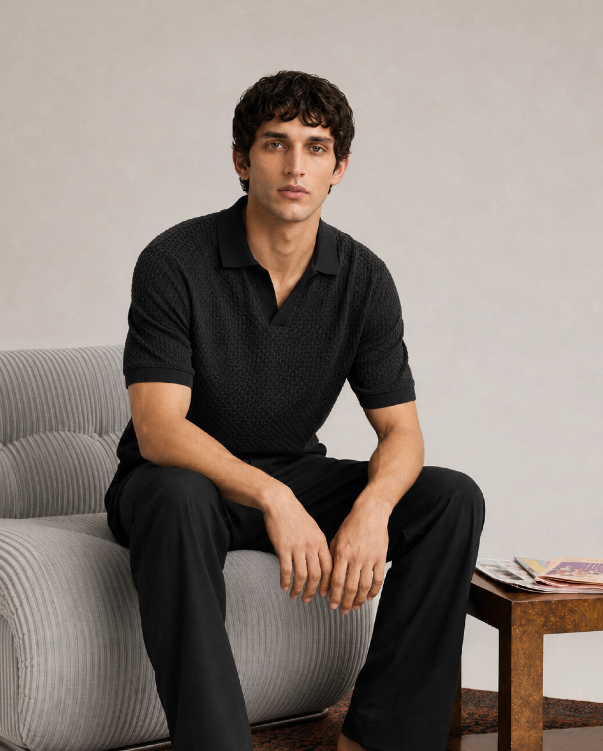 Rare Rabbit Men's Zegon Black Cotton Johnny Collar Regular Jacquard Polo
