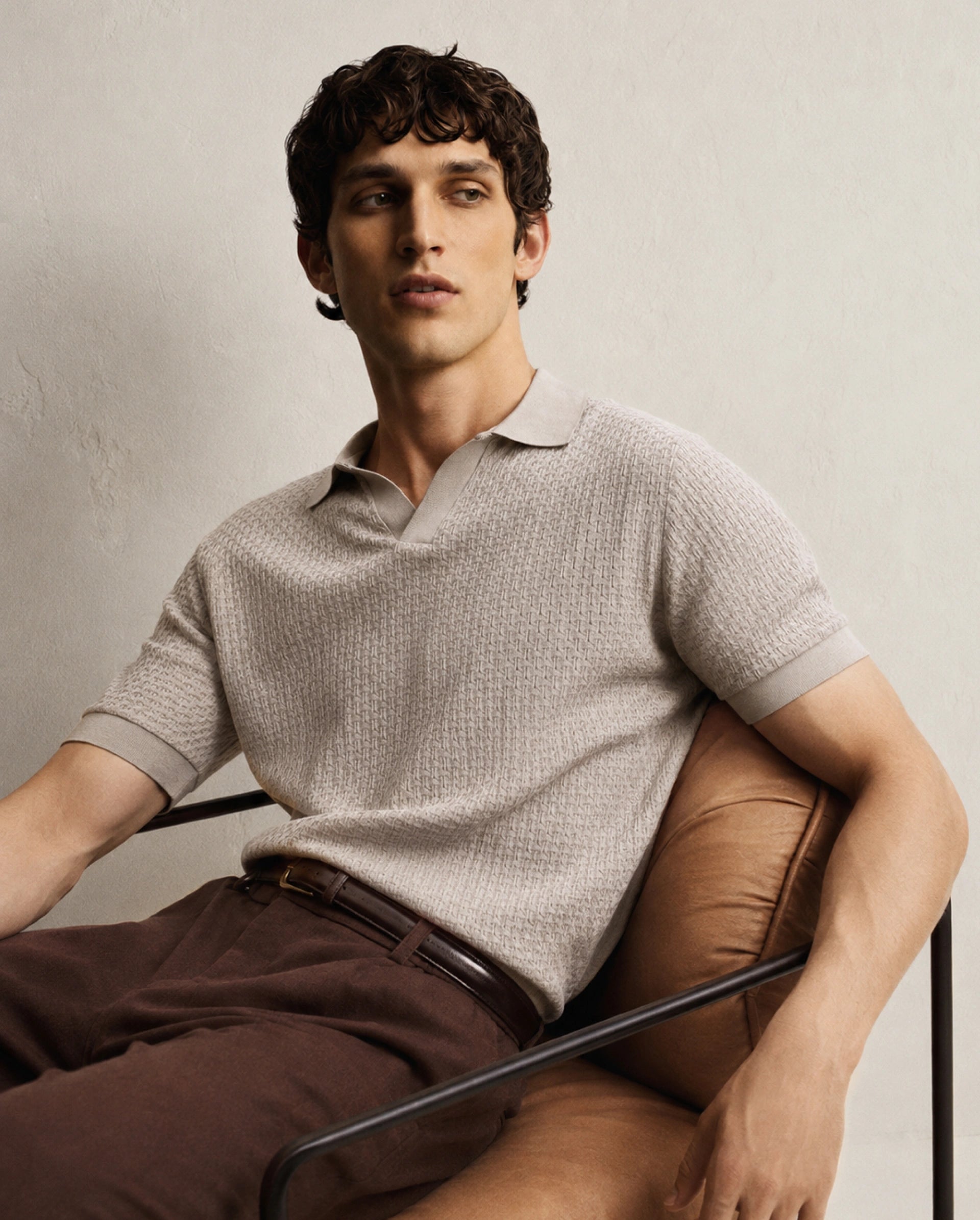Rare Rabbit Men's Zegon Beige Cotton Johnny Collar Regular Jacquard Polo