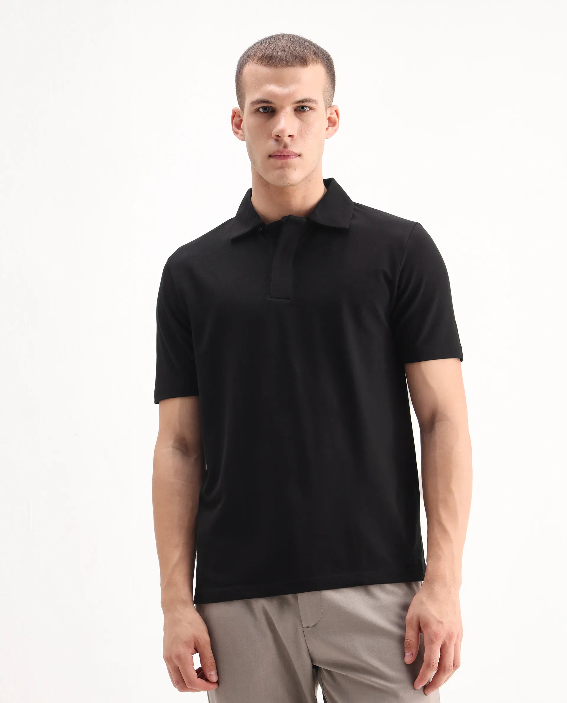 Rare Rabbit Men's Zeni Black Cotton Plain Regular Fit Half Sleeve Polo