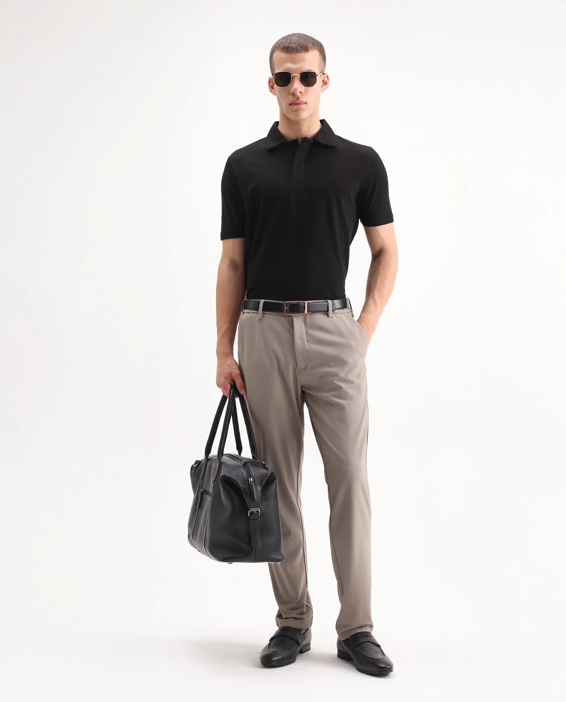 Rare Rabbit Men's Zeni Black Cotton Plain Regular Fit Half Sleeve Polo