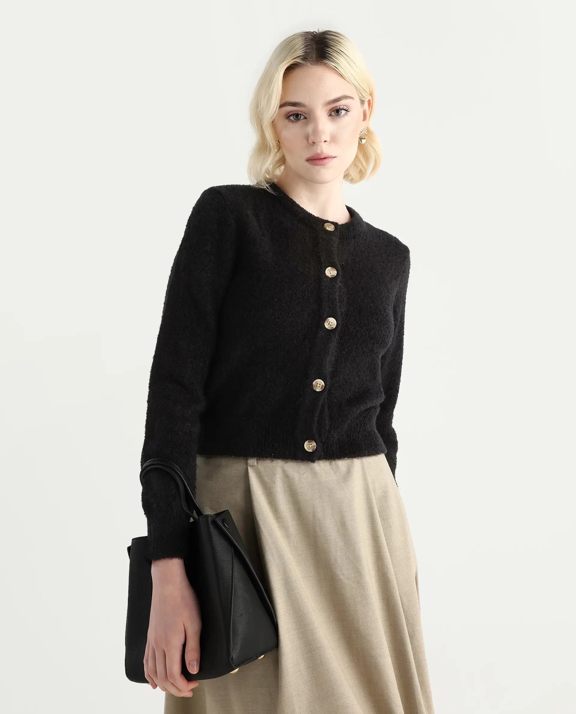 Rareism Women's Zer Black Acrylic Blend Crew Neck Regular Fit Cardigan