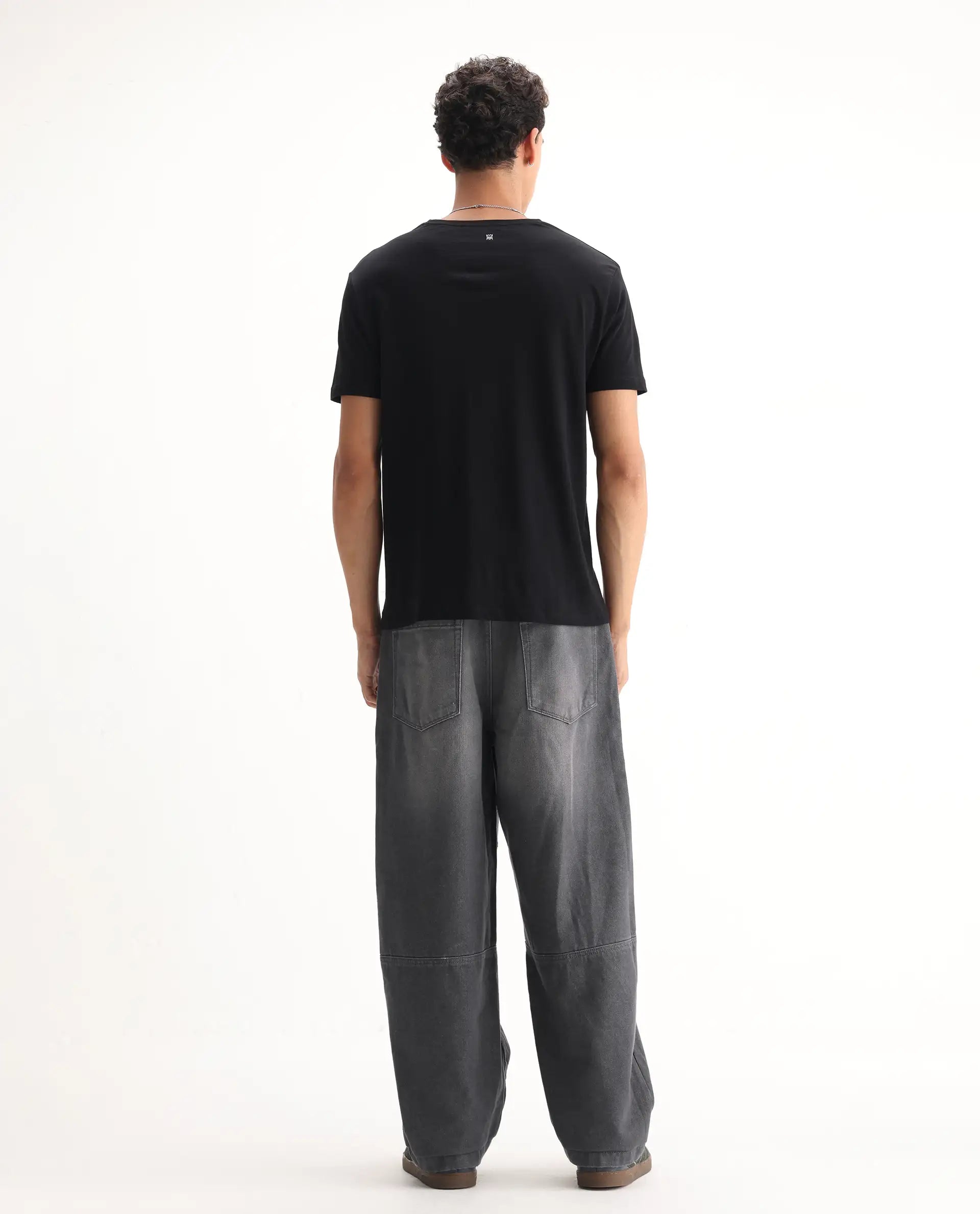 Rare Rabbit Men's Zeret Dark Grey Cotton Plain Baggy Fit Jeans