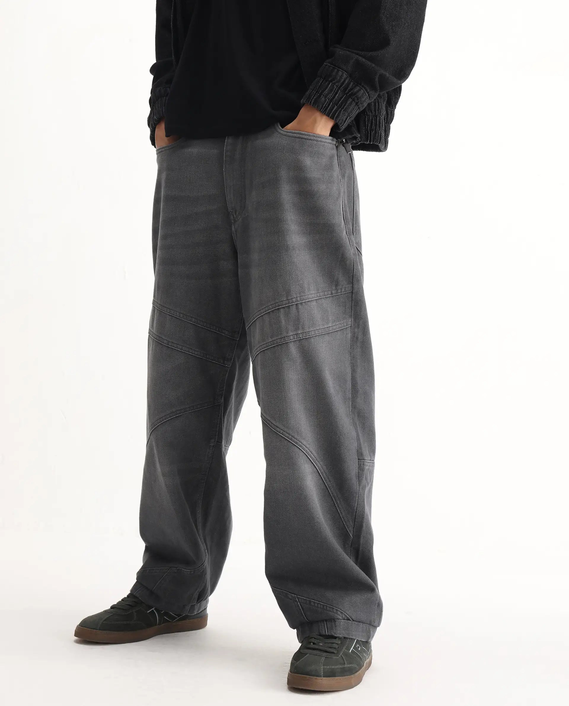 Rare Rabbit Men's Zeret Dark Grey Cotton Plain Baggy Fit Jeans