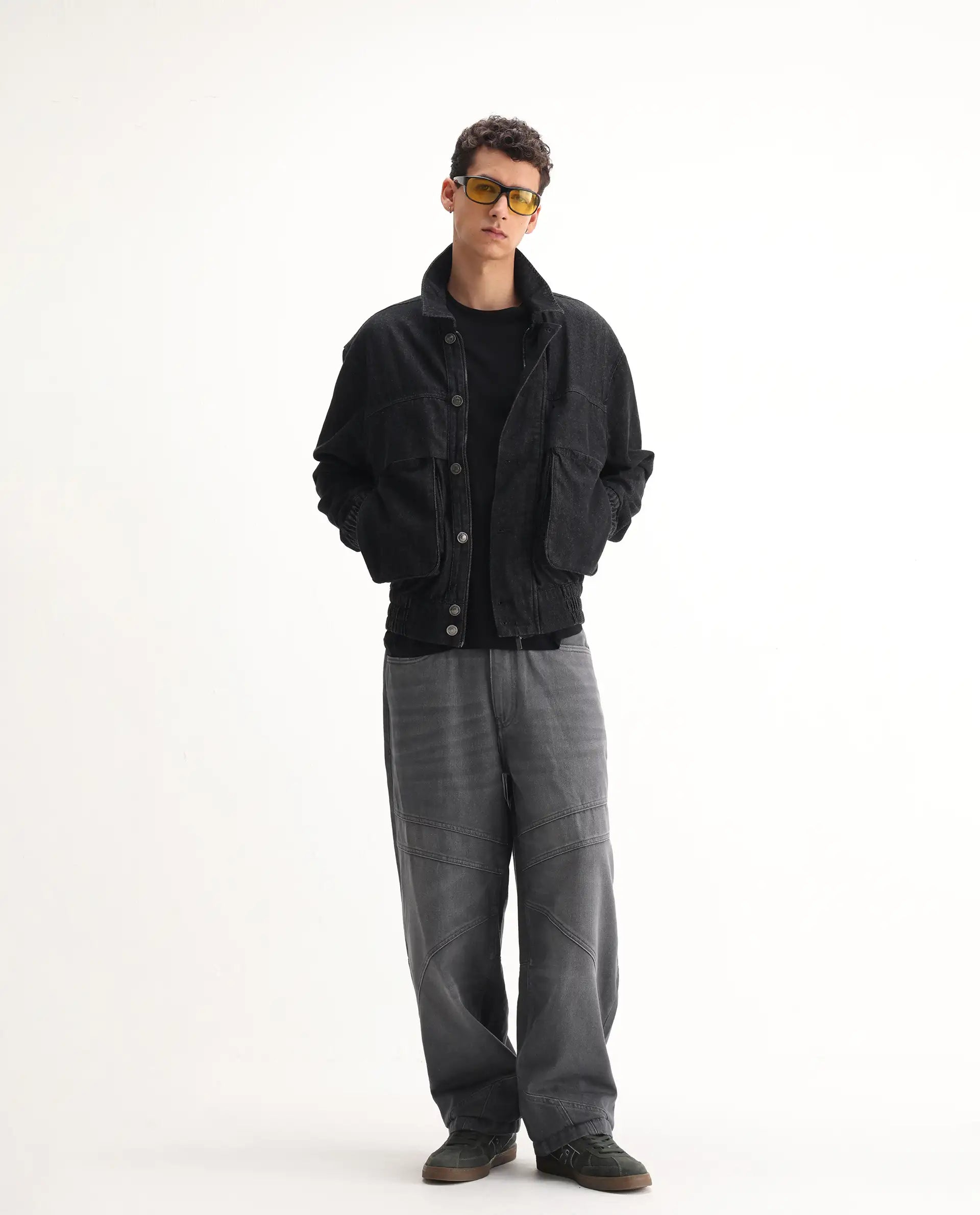 Rare Rabbit Men's Zeret Dark Grey Cotton Plain Baggy Fit Jeans