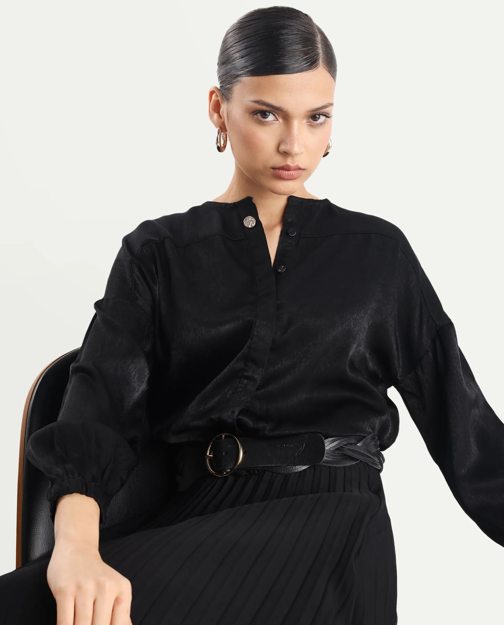 Rareism Women's Zerra Black Satin Crew Neck Plain Bishop Sleeve Relaxed Fit Top