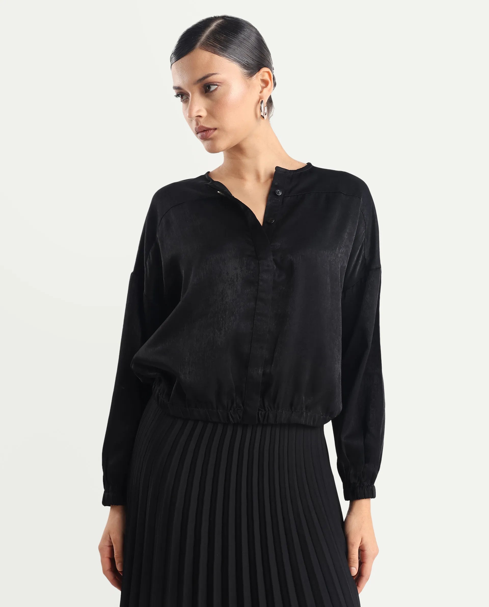 Rareism Women's Zerra Black Satin Crew Neck Plain Bishop Sleeve Relaxed Fit Top