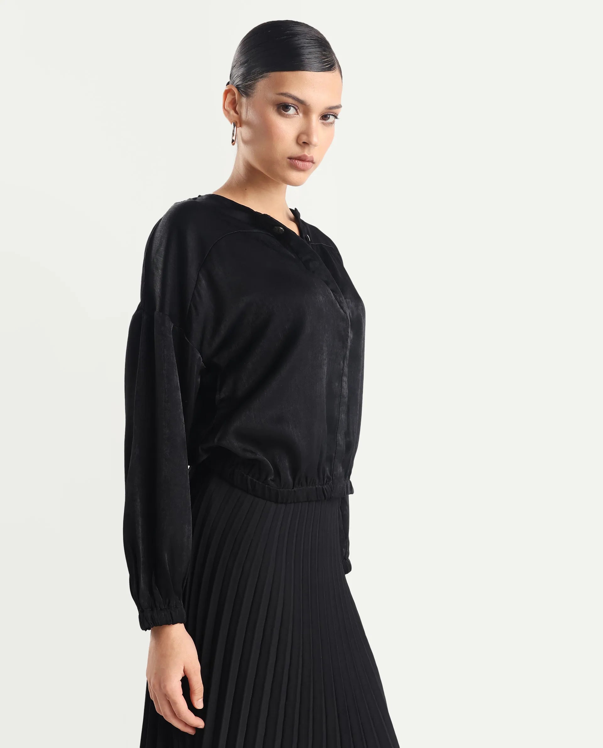 Rareism Women's Zerra Black Satin Crew Neck Plain Bishop Sleeve Relaxed Fit Top