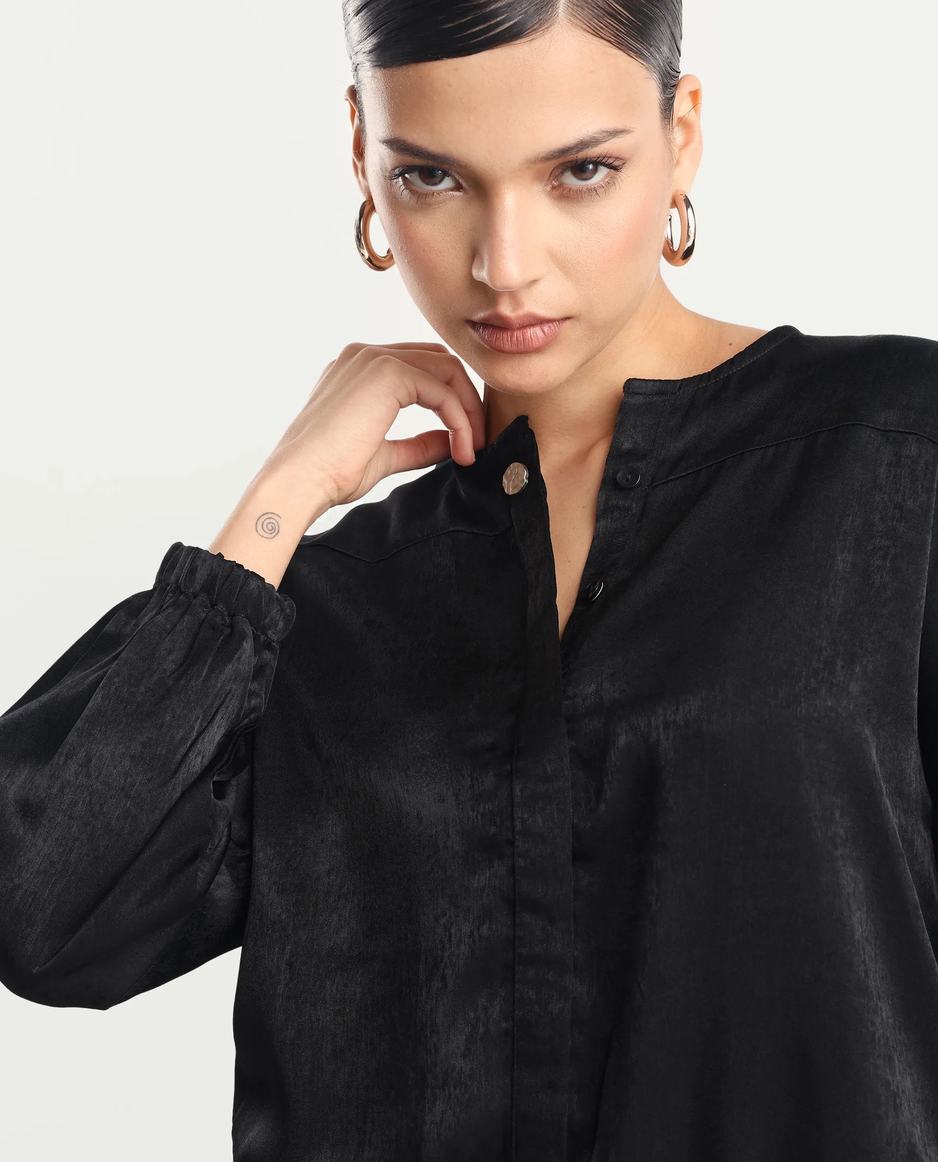 Rareism Women's Zerra Black Satin Crew Neck Plain Bishop Sleeve Relaxed Fit Top